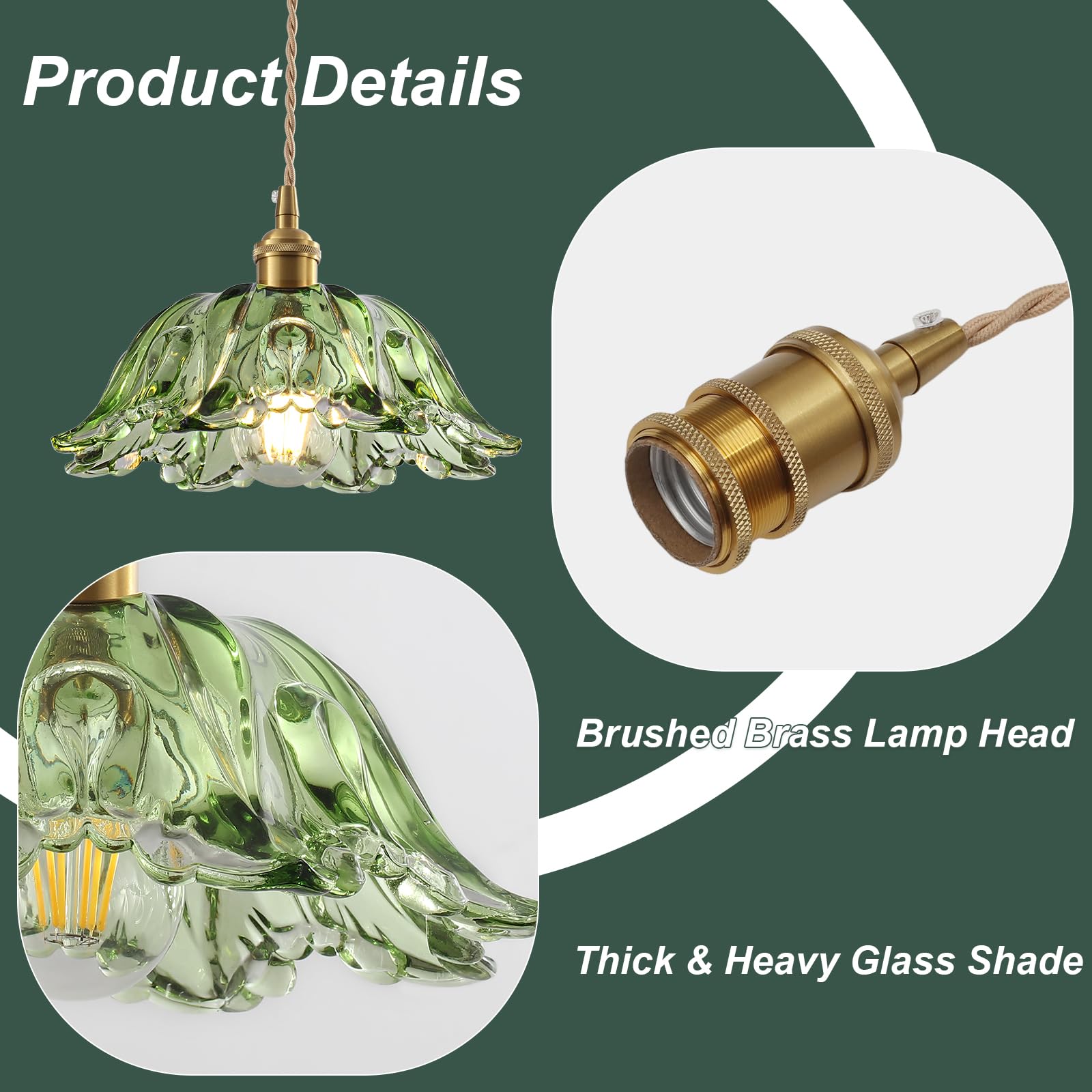 GZJunYo Plug in Pendant Light Fixtures, Hanging Pendant Lights with Plug in Cord, Green Glass Plug in Hanging Lights for Bedroom