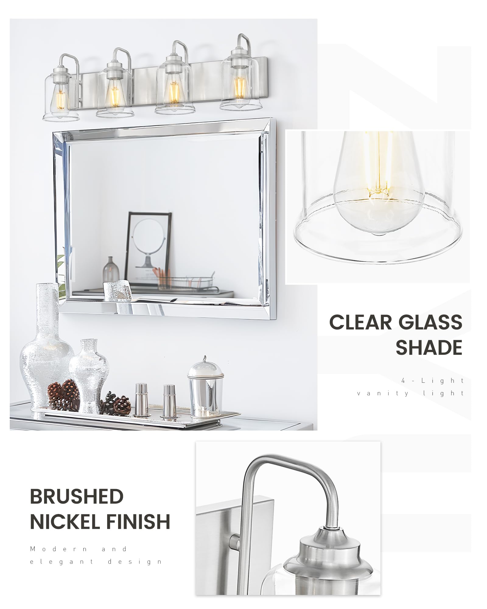 Zeyu 28.5 Inch Bathroom Wall Light Over Mirror, 4-Light Vanity Lighting Fixture, Brushed Nickel Finish With Clear Glass Shade, Z