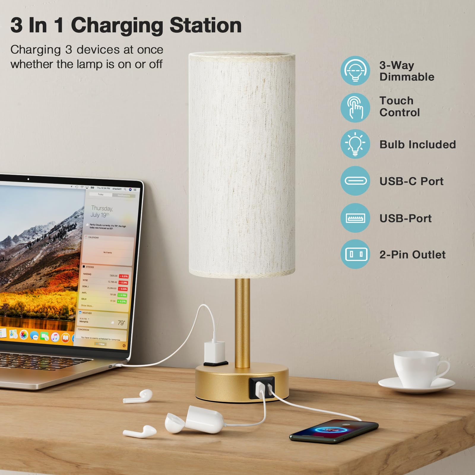 Fenmzee Gold Nightstand Lamp - 3 Way Dimmable Touch Control, 14" Cream Linen Shade, USB C Charging, LED Bulb Included