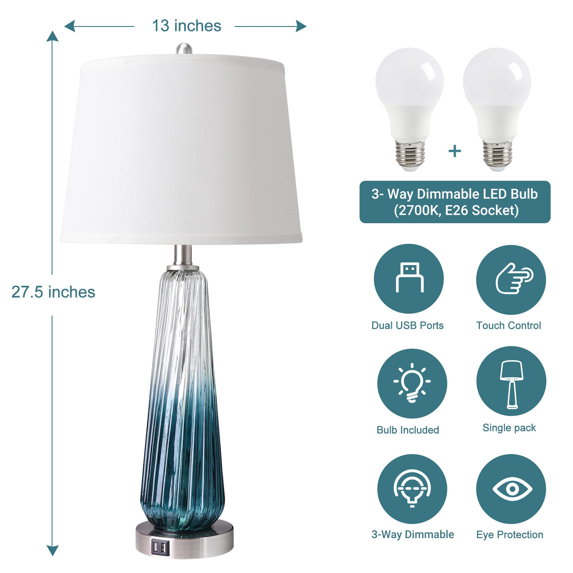 Table Lamps For Living Room With Touch Control, 3-Way Dimmable Bedside Lamps With 2 Usb Ports, Modern Glass Nightstand Lamp With