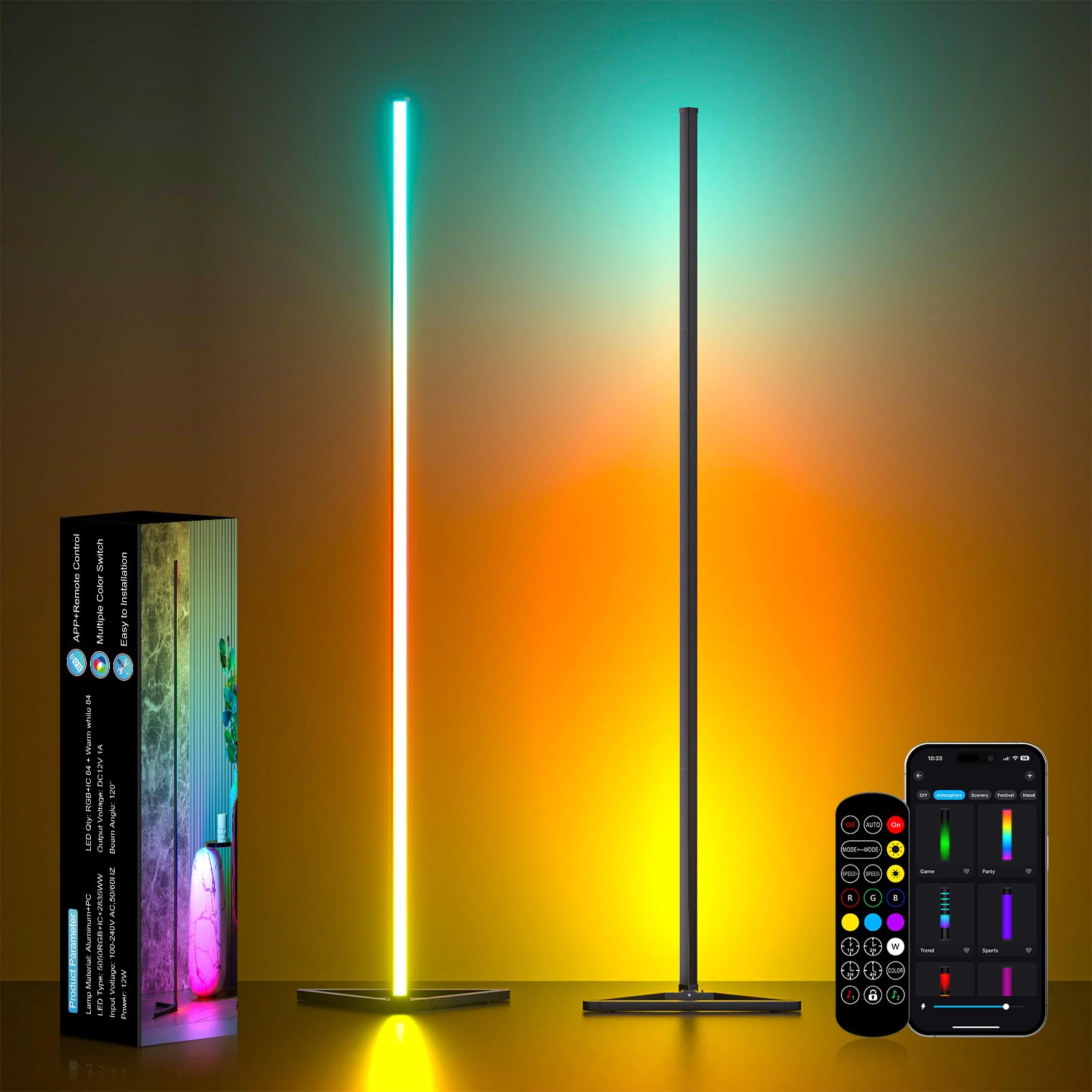Miheal 2Pcs Black Corner Floor Lamp, Synced Lights Led Control Floor Lamp Rgb Light 56'' Smart Led Corner Lamp App And Remote Fo