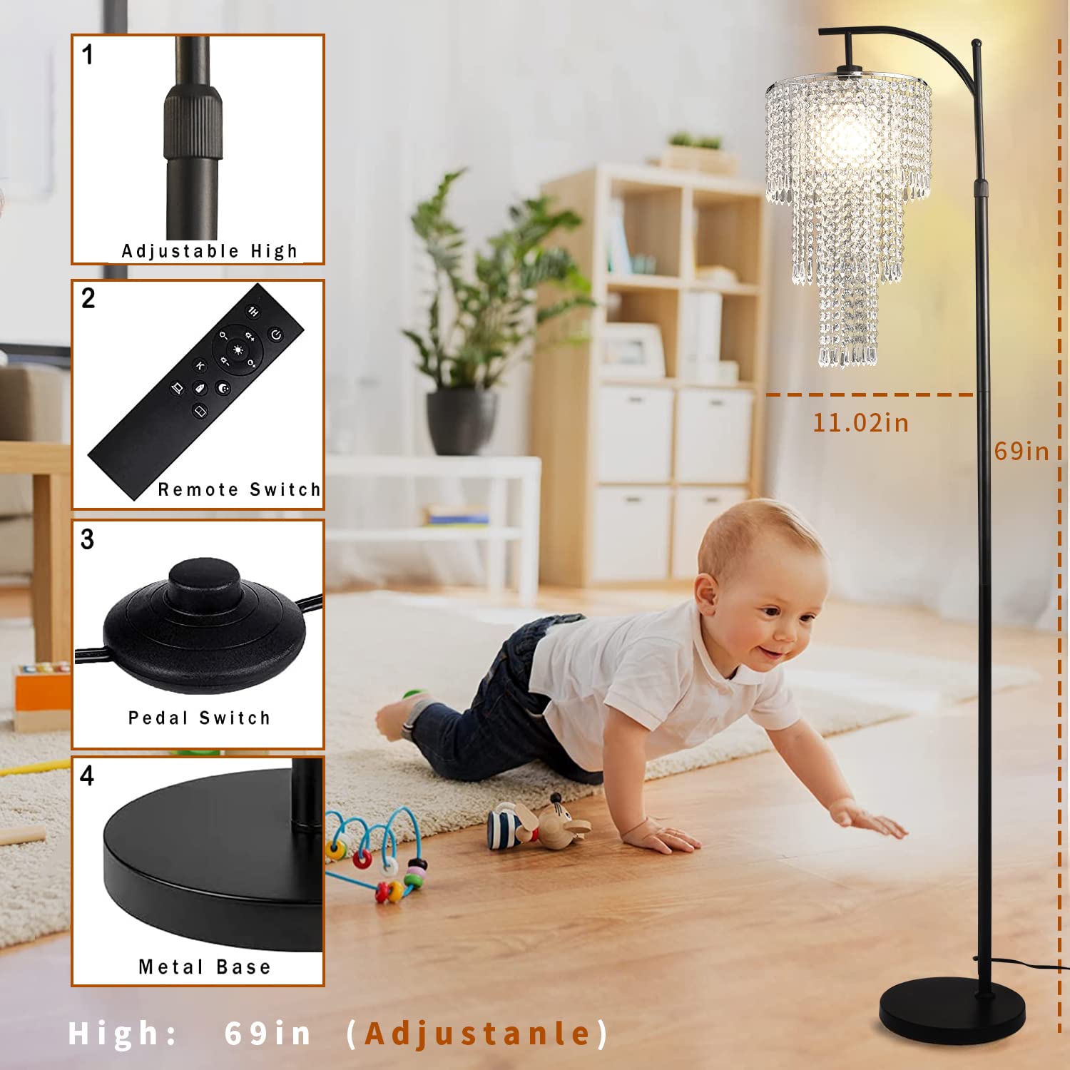 ZECOXOL Arc Floor Lamp - Modern Dimmable Crystal Lamp with Remote Control, 11.02" Clear Standing Light for Living Room & Bedroom