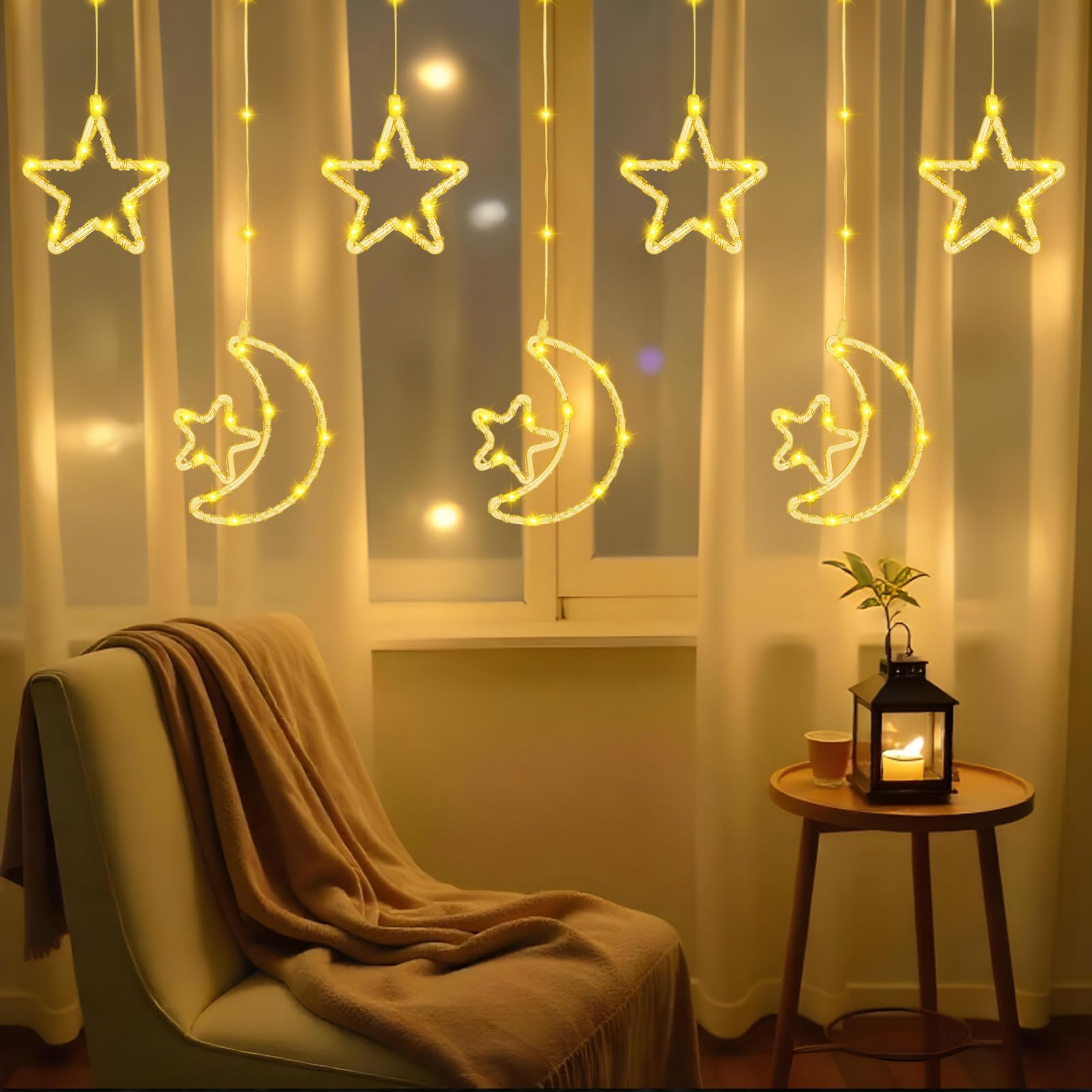 FIALAME 130 LED Ramadan Star Moon Curtain String Lights, Remote & USB Plug, White, Model YOLO