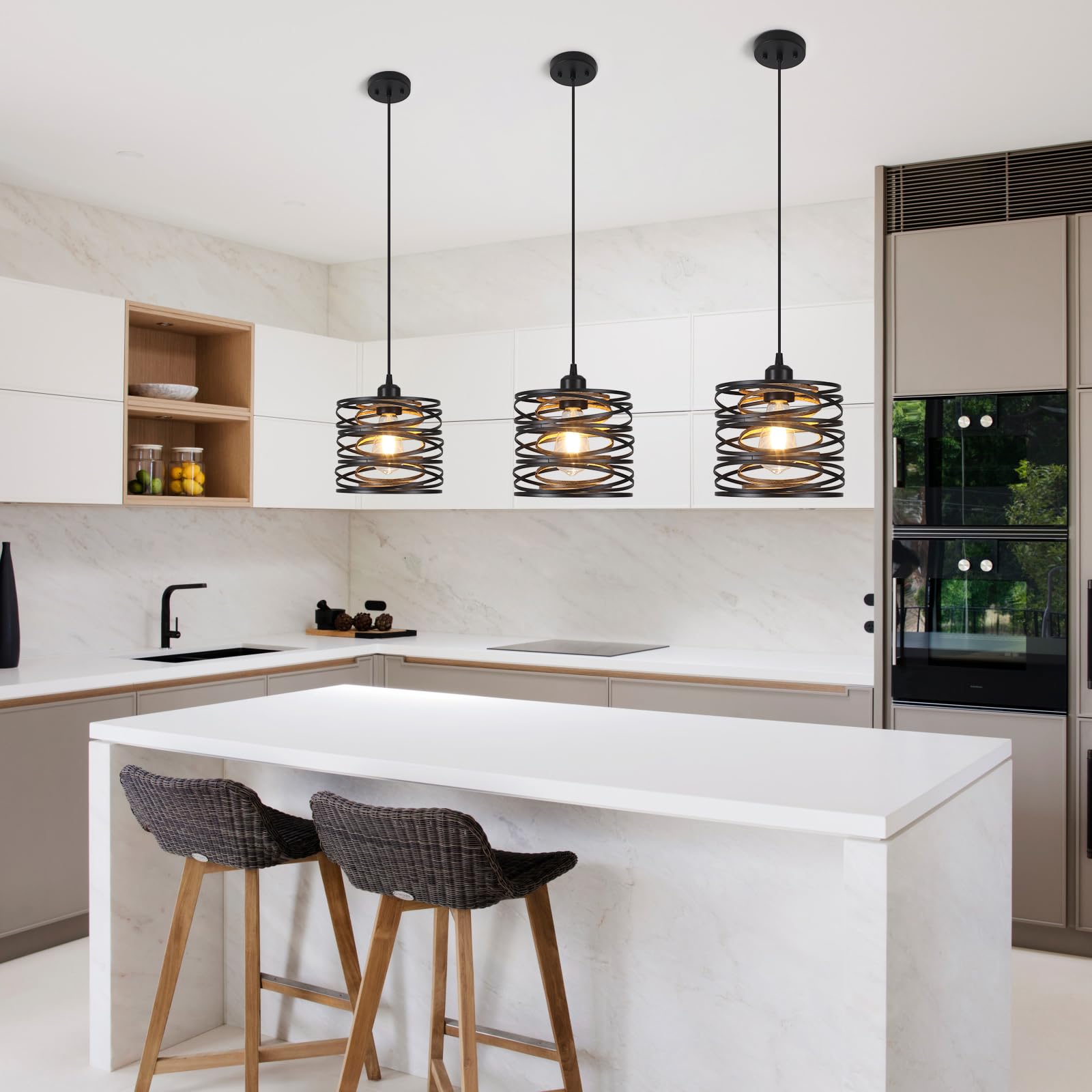 Ynzefly Pendant Lights Kitchen Island - Metal Hanging Light Fixtures Wood Farmhouse Pendant Lighting For Dining Room Bedroom Bar