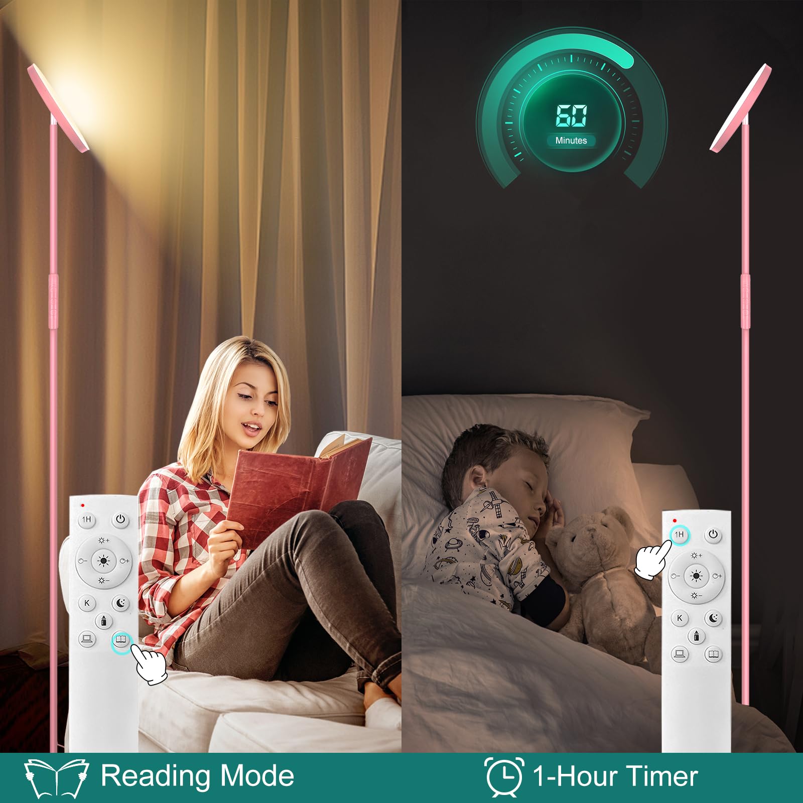 Mukuxin Pink Floor Lamp, 40W Super Bright Floor Lamps For Living Room Bedroom With Remote & Timer, Torchiere Led Floor Lamp 2700