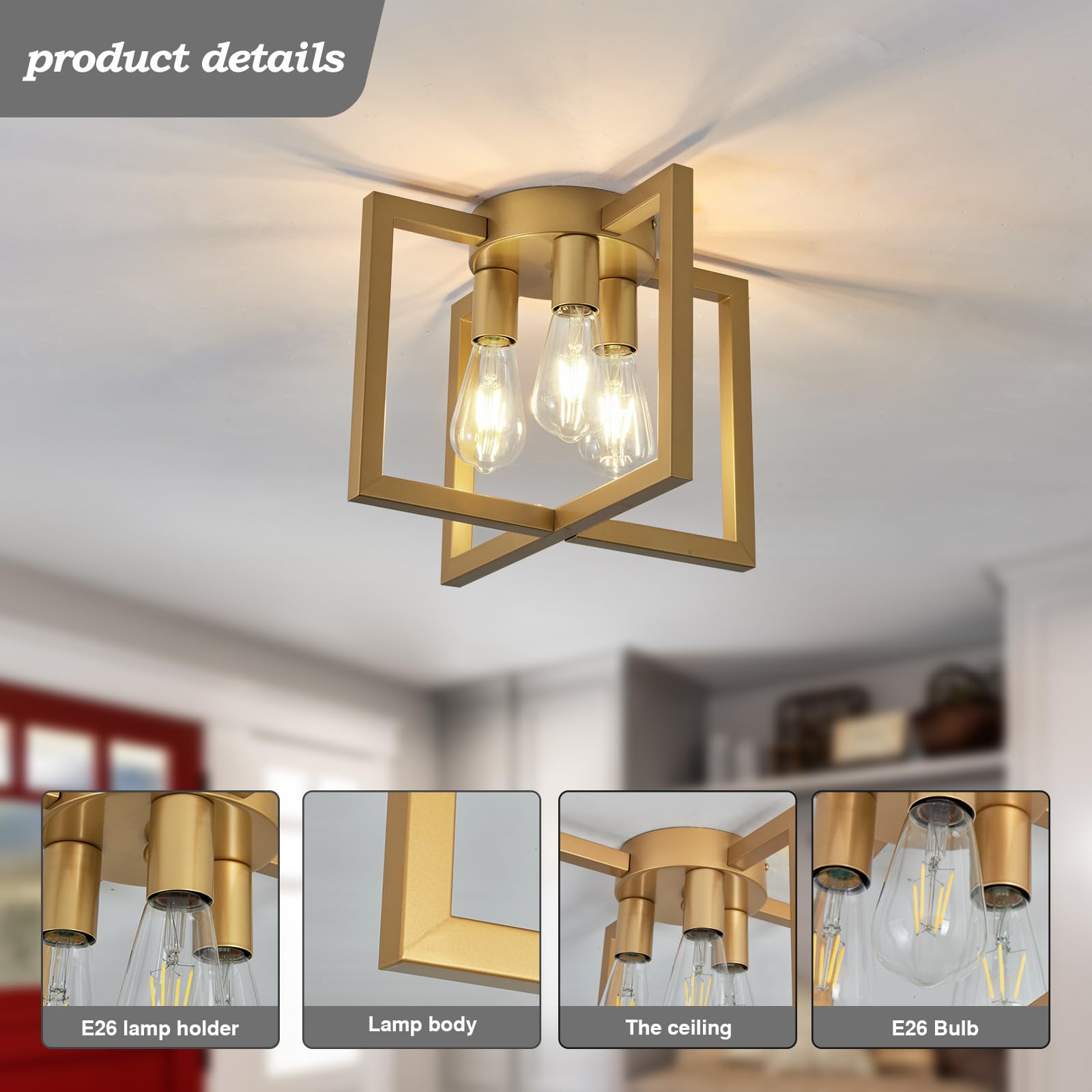 Zglaojt 3-Lights Ceiling Light Fixture,Modern Gold Semi Flush Mount Chandelier,Matte Ceiling Lighting For Kitchen Living Room Be