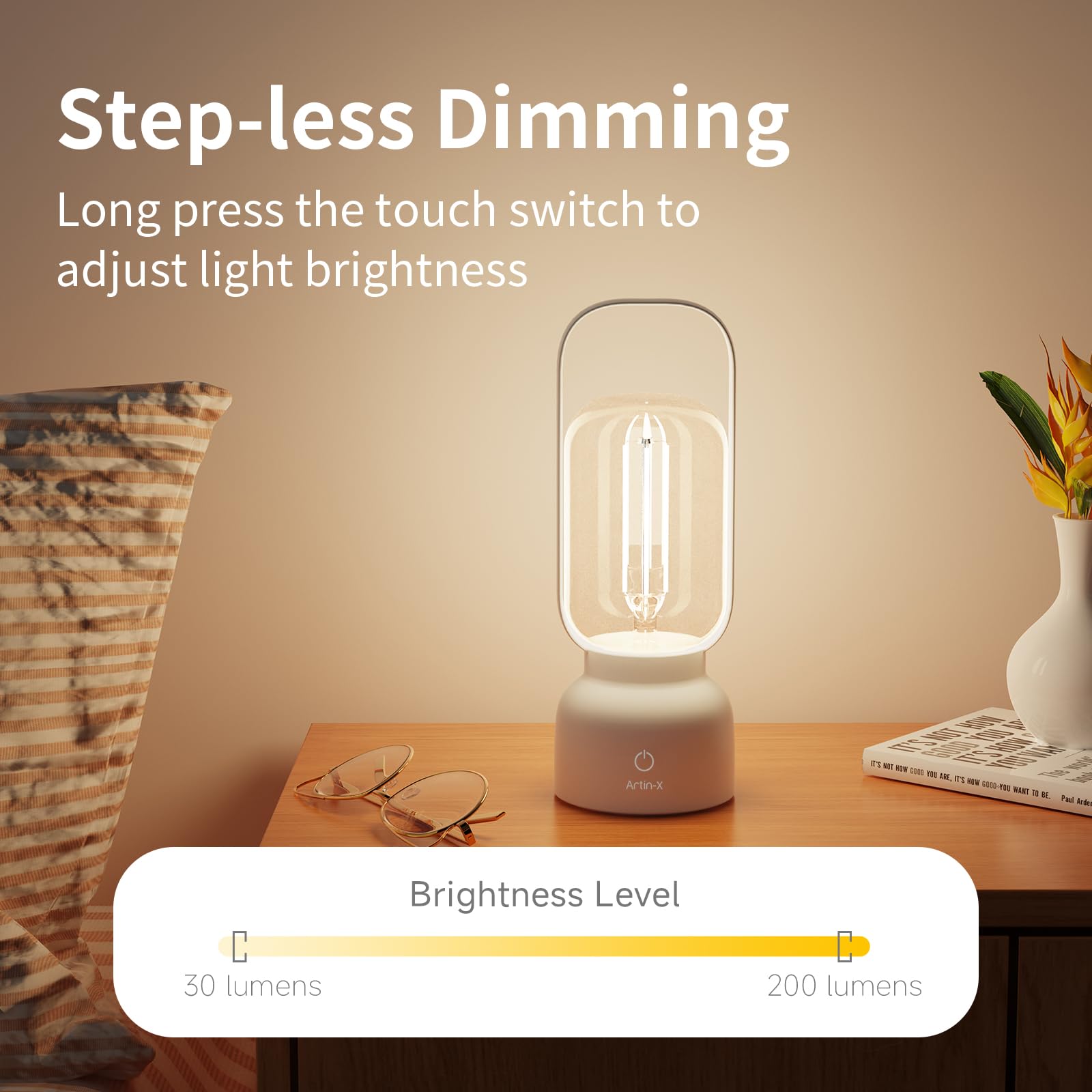 Artin-X Retro Cordless Lantern Table Lamp, 40 Hours Long Lasting Dimming Night Light, Small Rechargeable Battery Operated Light