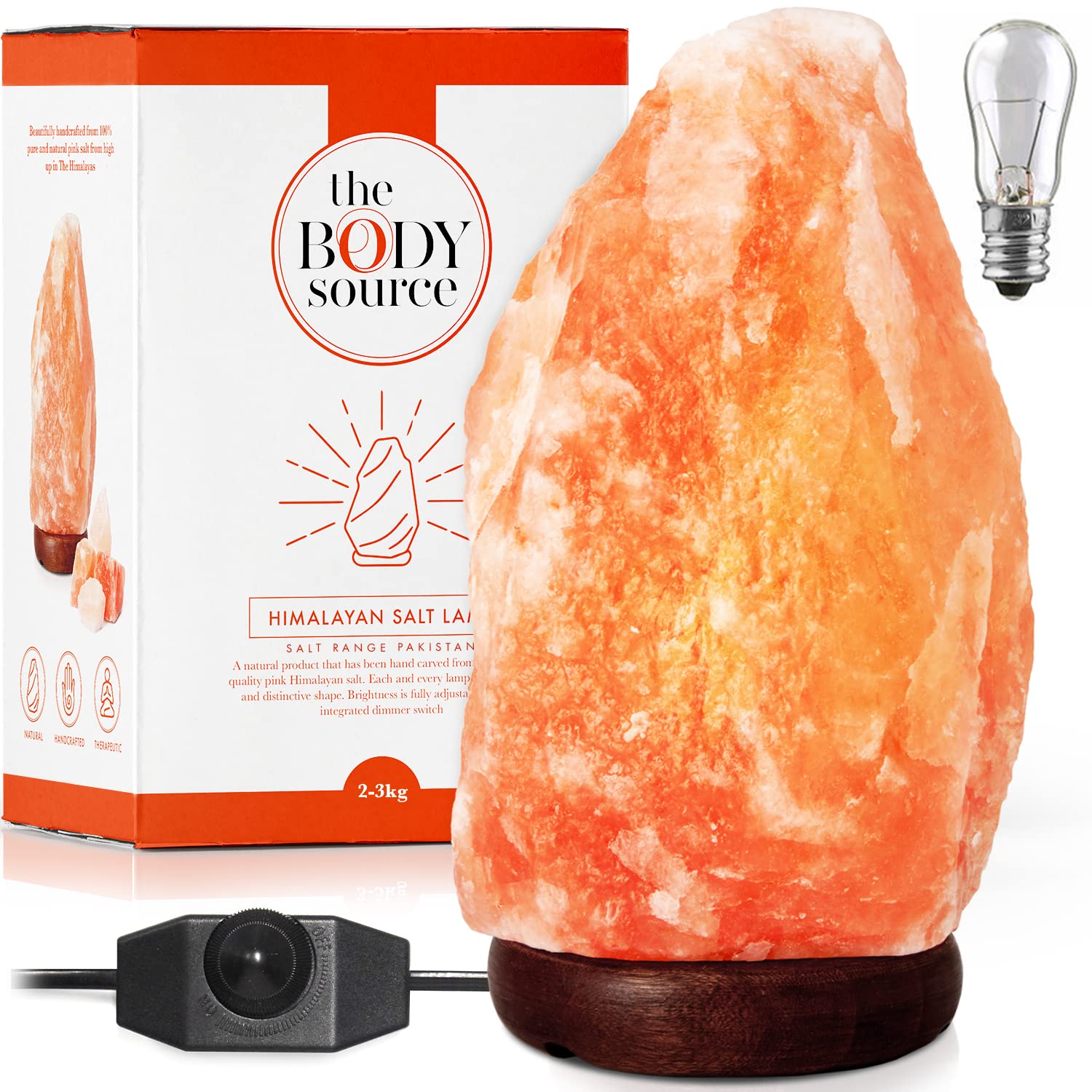 The Body Source Himalayan Salt Lamp, 6-8 Inch, Orange, Model SL-01-US, Includes Dimmer Switch and Light Bulb Replacement