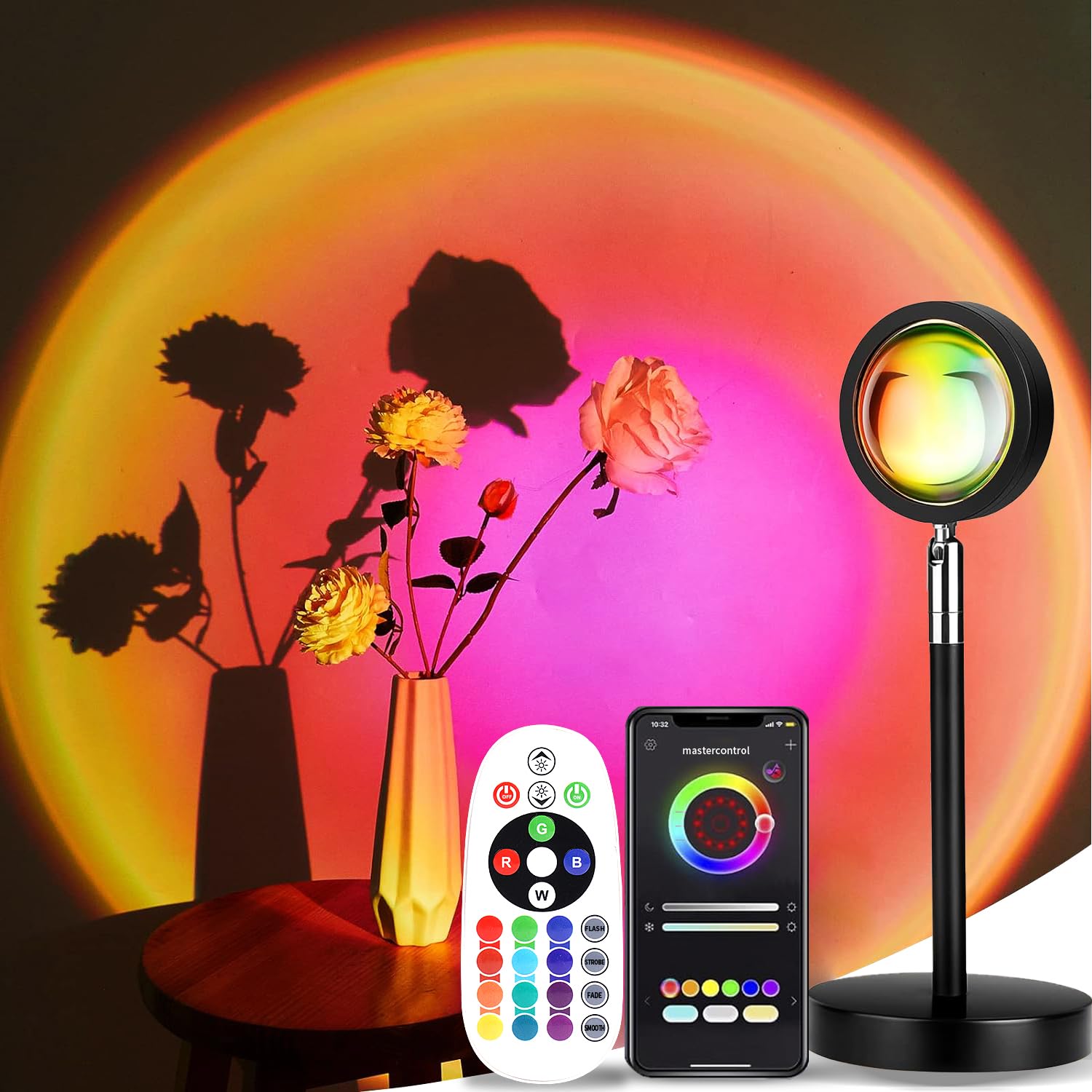 LEKEONE Sunset Lamp Projector, LED 16 Color APP Control, Model SUN-D, Aluminum, Night Light for Room Photography Party