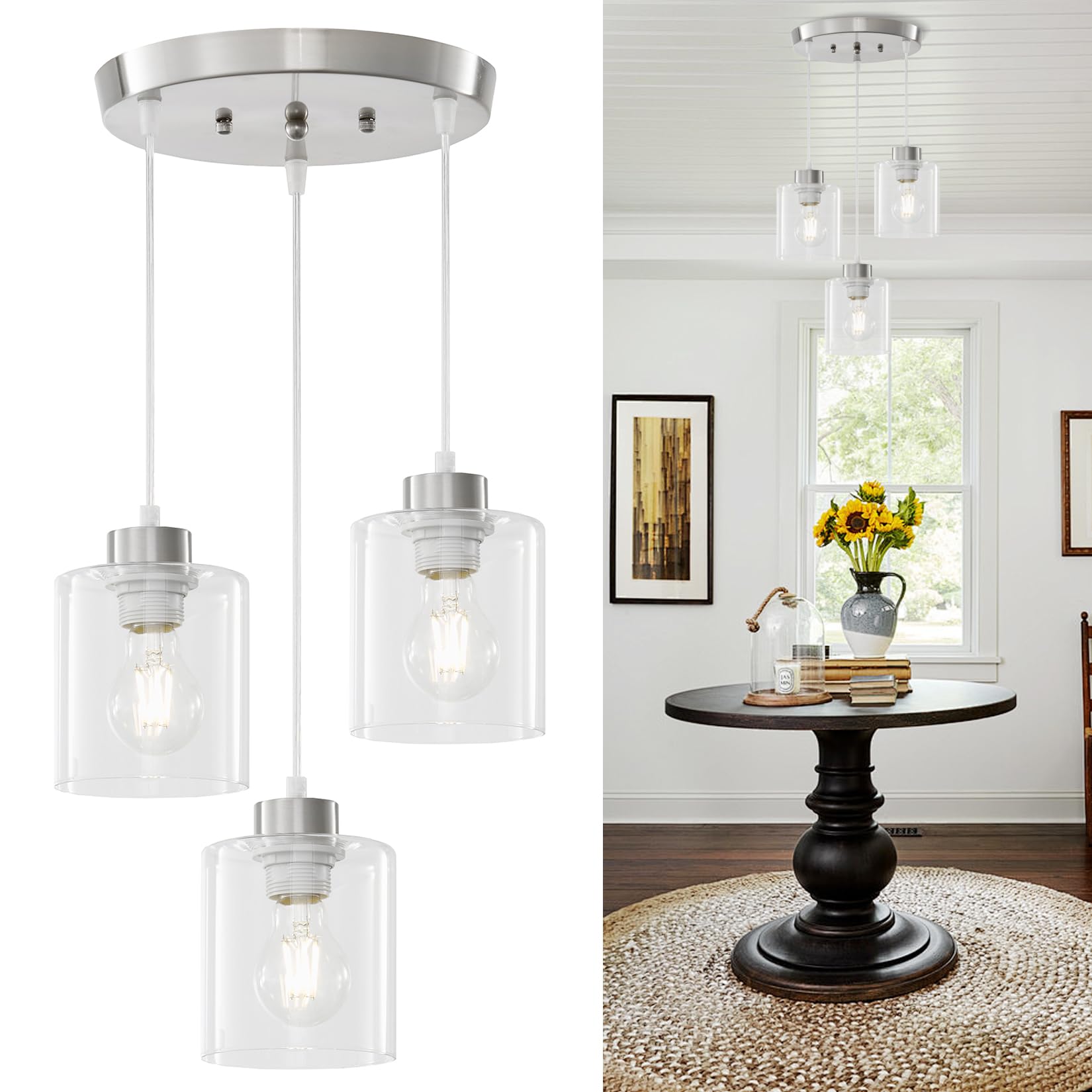 ROCUNSI 3-Light Brushed Nickel Pendant Light Fixture, Anti-Rust Dining Room Hanging Lights, Modern Chandelier Ceiling Lighting f