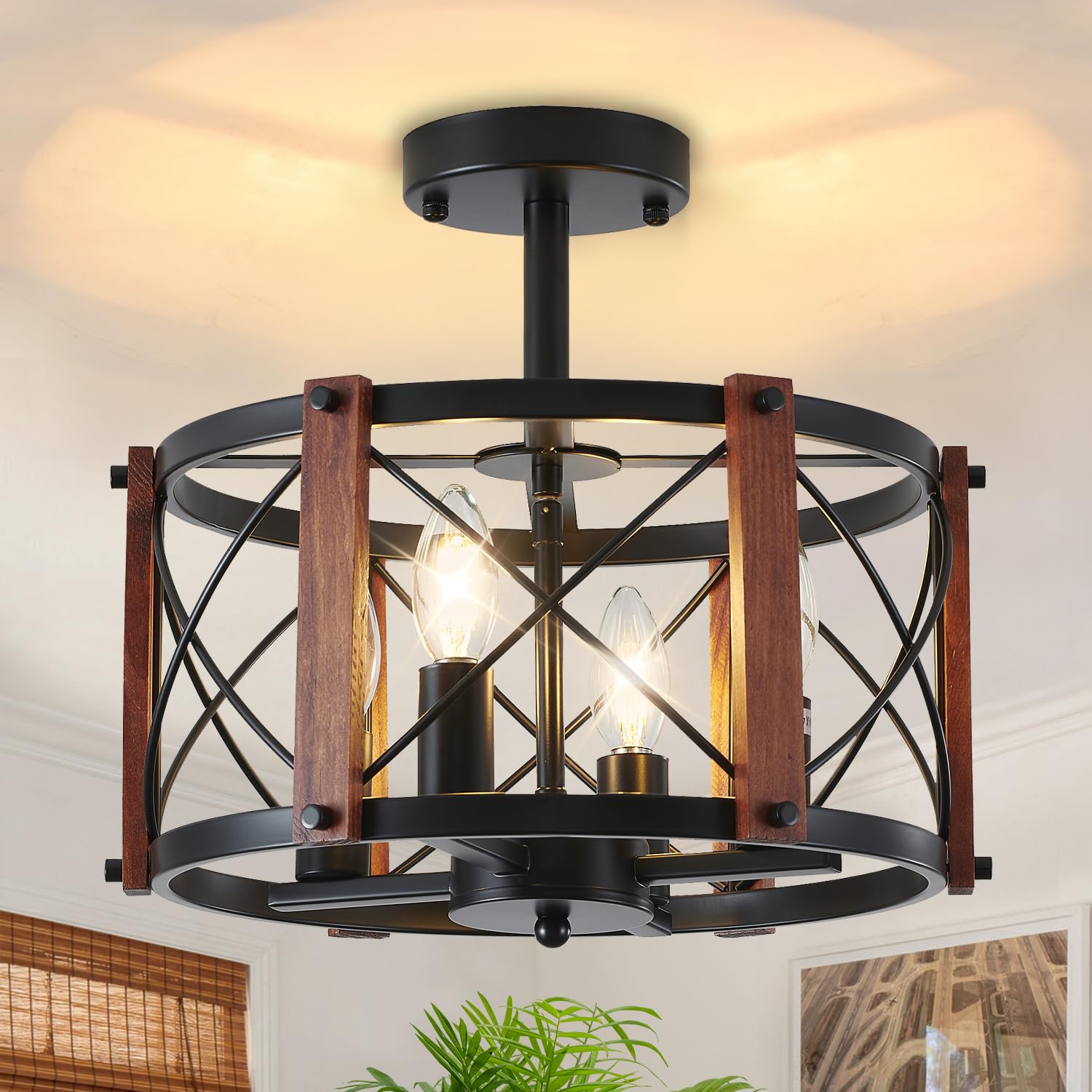 4-Light Farmhouse Wood Semi Flush Mount Ceiling Light  Black Hallway Light Fixtures  Rustic Industrial Close to Ceiling Light Fixtures for Kitchen Entryway Laundry Dining Room Ceiling Light Fixture