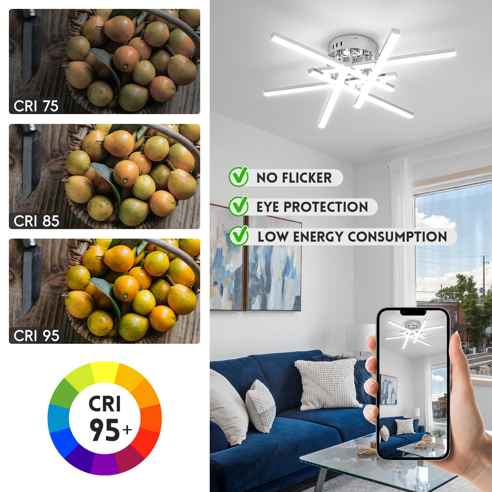 Caneoe Modern Led Ceiling Light,50W Sputnik Led Dimmable Ceiling Light Fixture With Remote Control, Chrome Flush Mount Chandelie