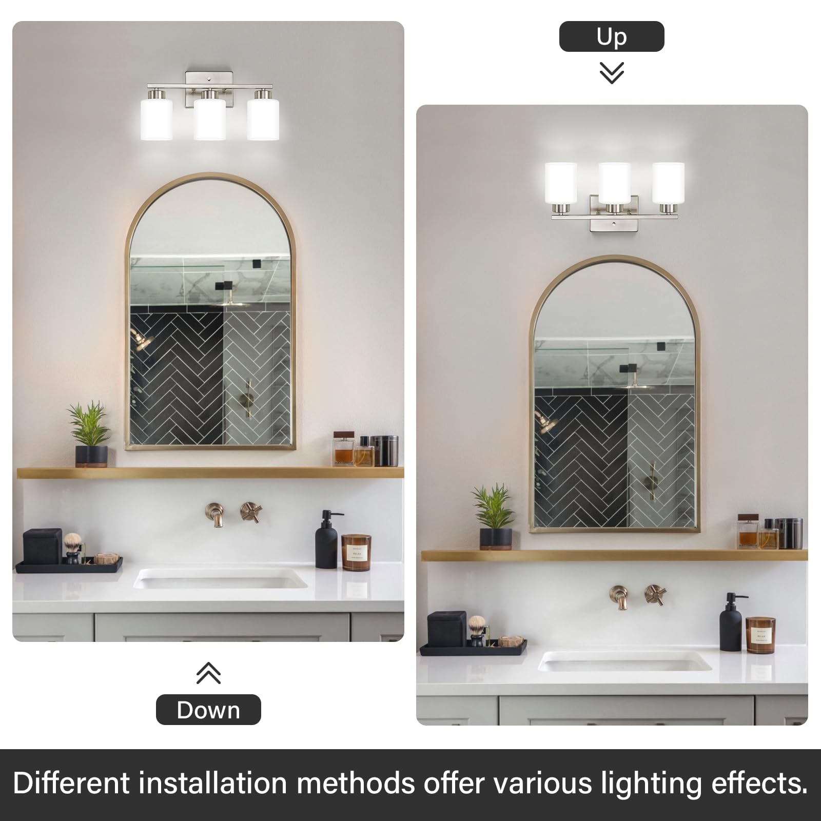 Fonmyim Brushed Nickel Bathroom Light Fixtures, 3-Light Modern Vanity Light Over Mirror, Wall Sconces With Milky White Frosted G