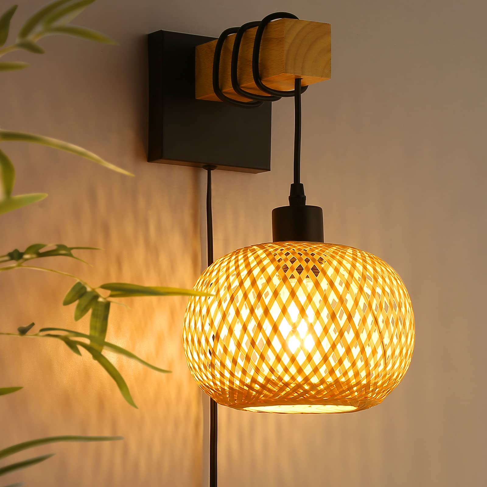 Farmhouse Plug in Wall Sconces Light Fixture for Bedroom, Living Room, Bamboo Rattan Lantern Lampshade Wood Beam Wall Mounting H