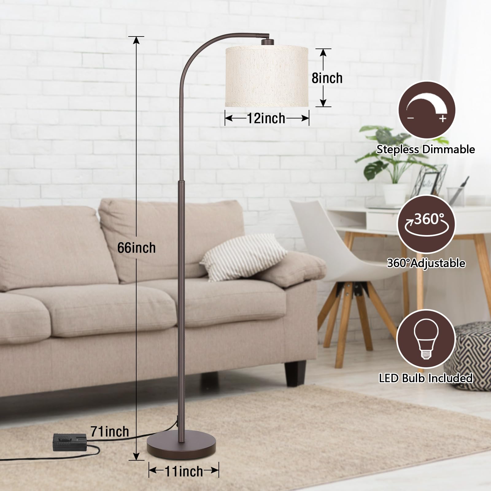 Boncoo Dimmable Floor Lamp, Arc Standing Lamp With Stepless Dimmer, Brown Floor Lamp With Adjustable Linen Beige Shade For Livin