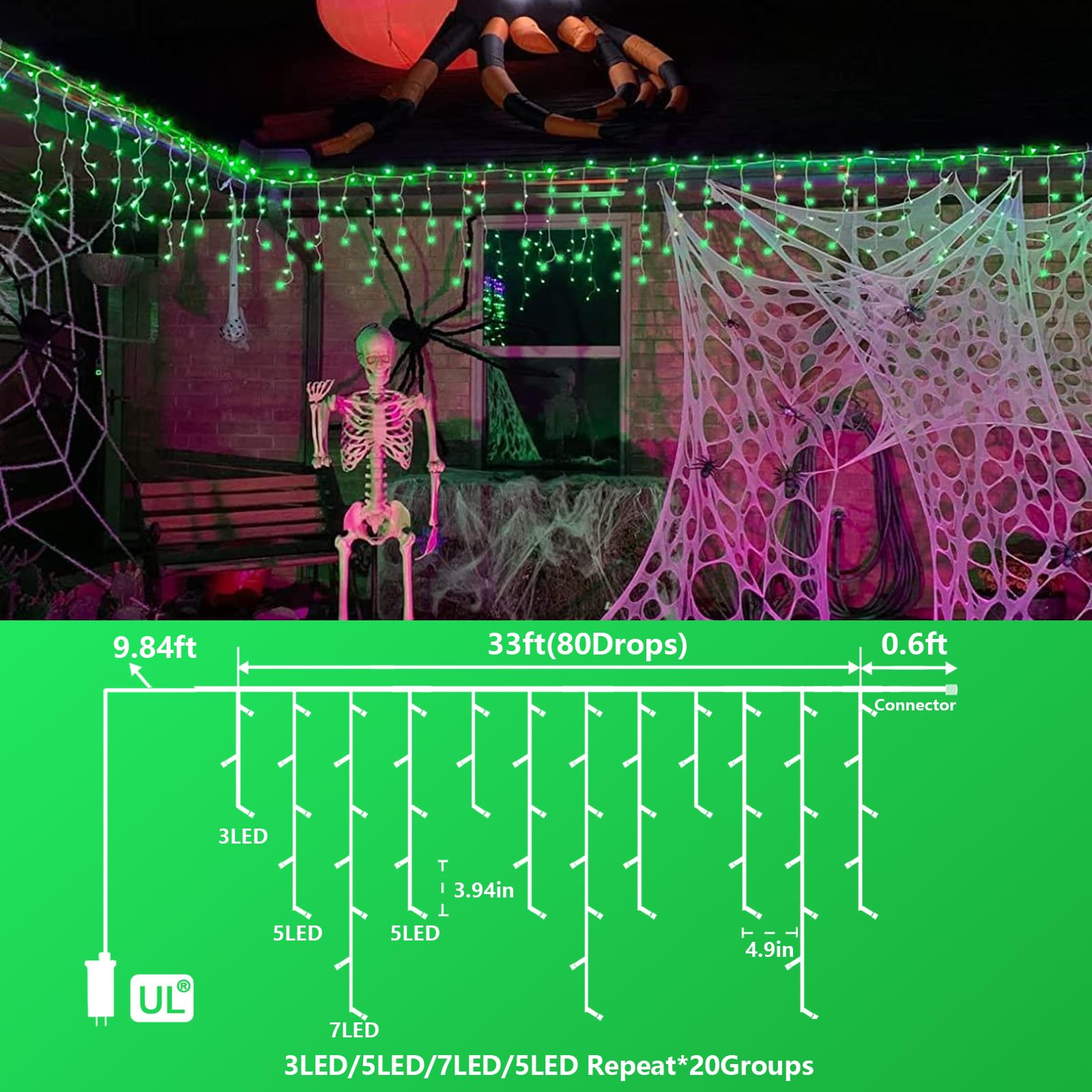 YEGUO Icicle Christmas Lights, 400 LED, 33ft, Waterproof, Green, 8 Modes, Model JT-EL/FC300V0200-C