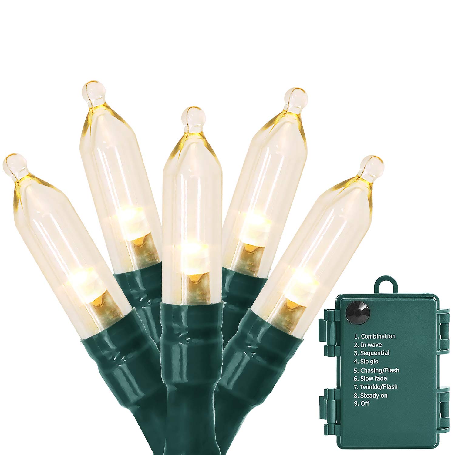 MAGOTAN Christmas Lights, Battery Operated 18ft 50 LED Warm White String Lights, Waterproof, Green Wire, Model PD-8069