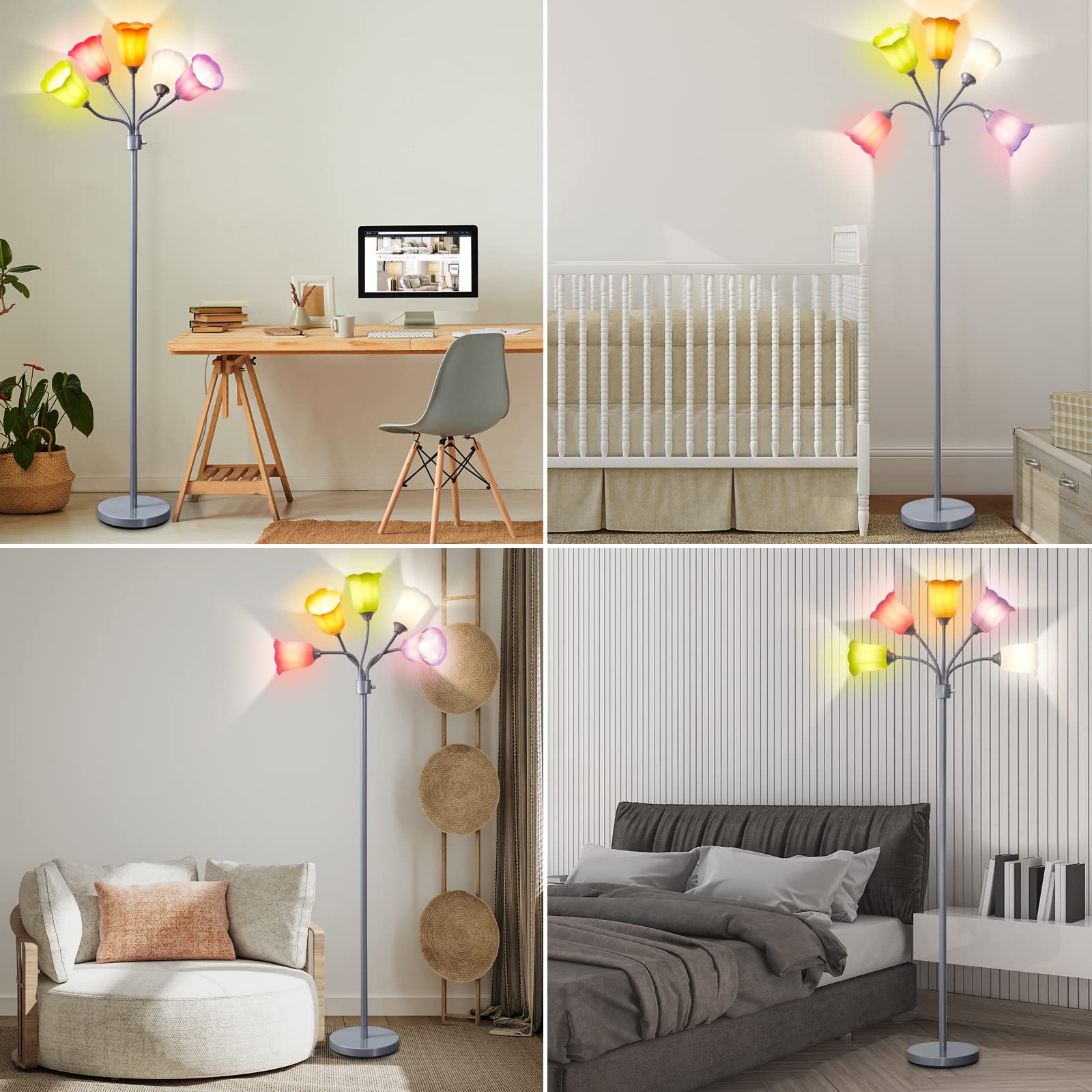 GyroVu Medusa LED Floor Lamp - Multi-Head Gooseneck Design, Silver with 6 Color Shades, Modern Tall Light for Living Room & Office