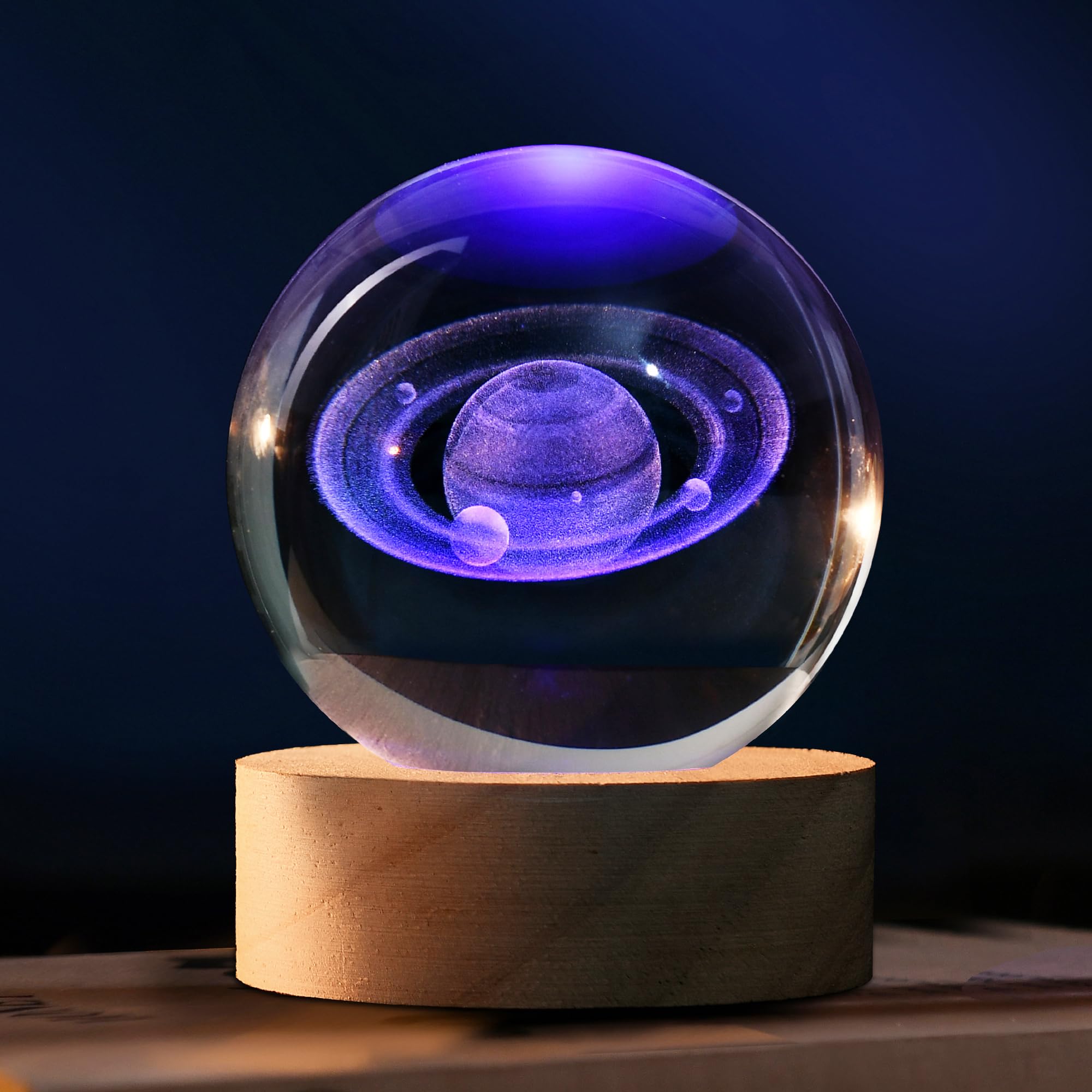 IFOLAINA 3D Saturn Crystal Ball 2.36'' Laser Engraved Glass Planet Sphere Gifts with Colorful Lighted Base Decorative Glass Ball