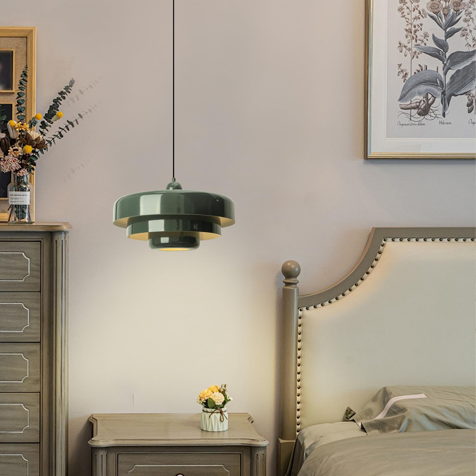 DoungRos Green Pendant Light Fixture - 16FT Plug-in Cord, 3-Layer Shade, Mid Century Modern for Bedroom, Dining Room, Living Room - Model DR011