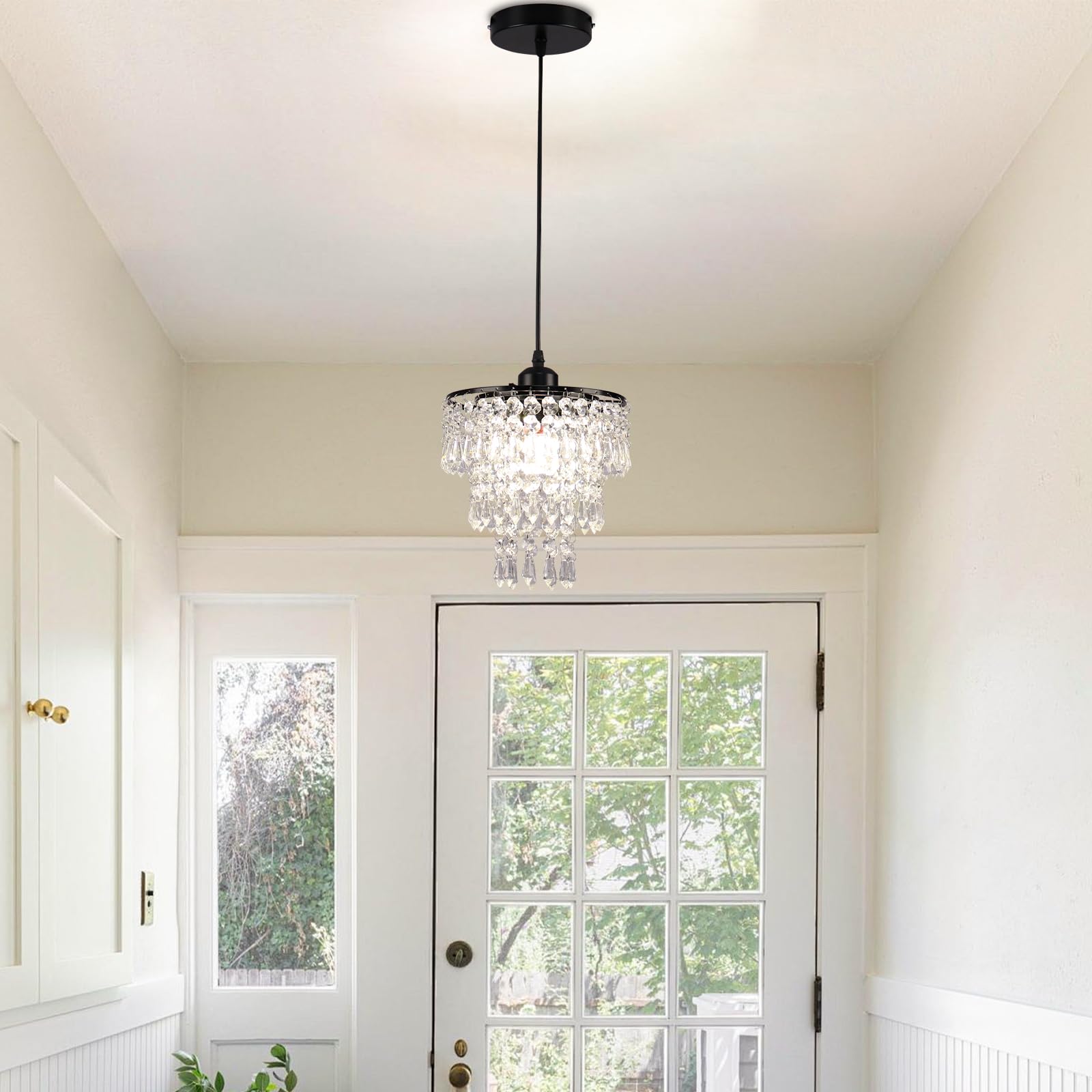 Frixchur Black Crystal Chandelier Pendant Light, Small Semi Flush Mount For Hallway & Bedroom