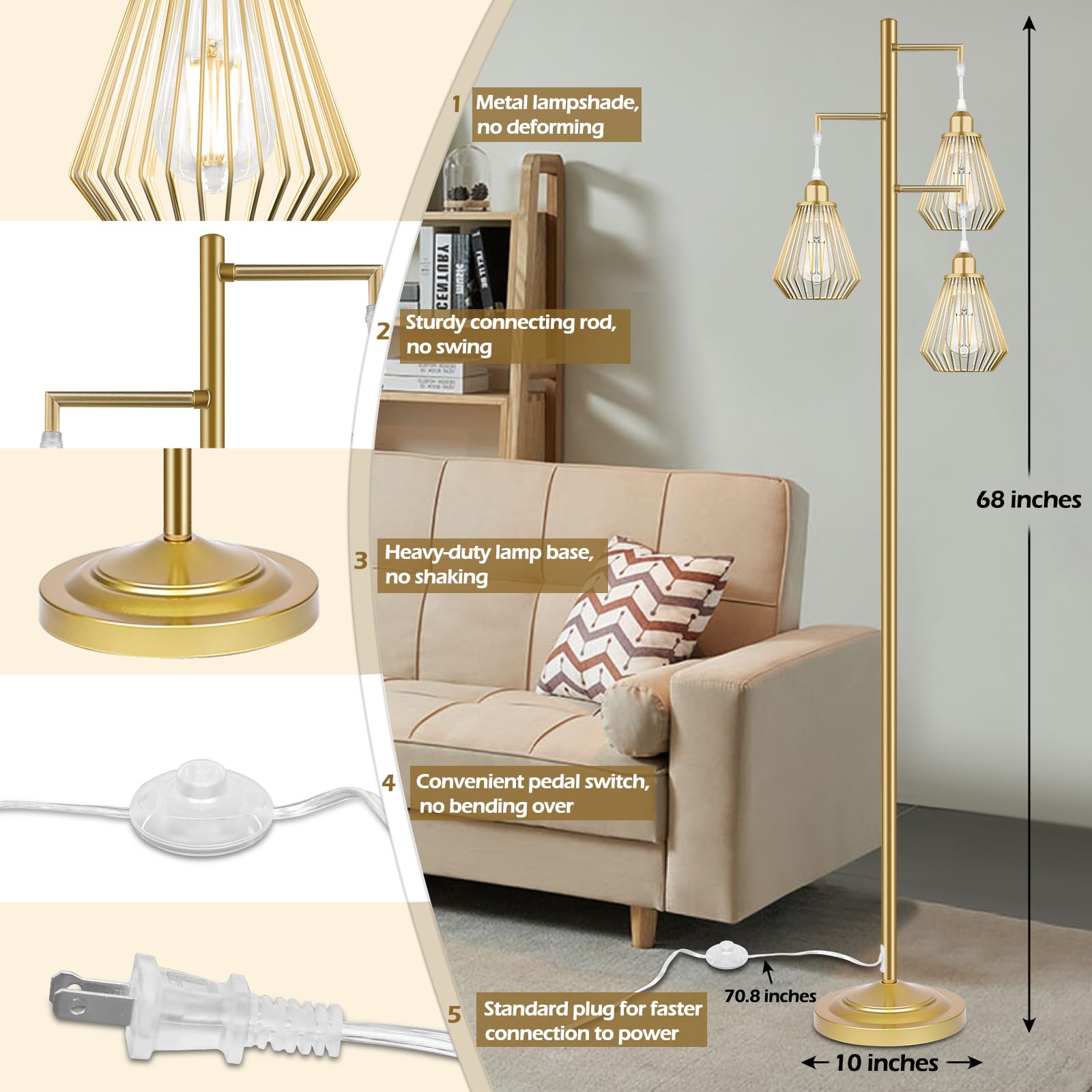 QiMH Industrial Floor Lamp, 68in Modern Metal Tree Lamp with 3 Teardrop Shades, Gold, E26 Socket, 3 LED Bulbs Included, Model STR-FL-0163