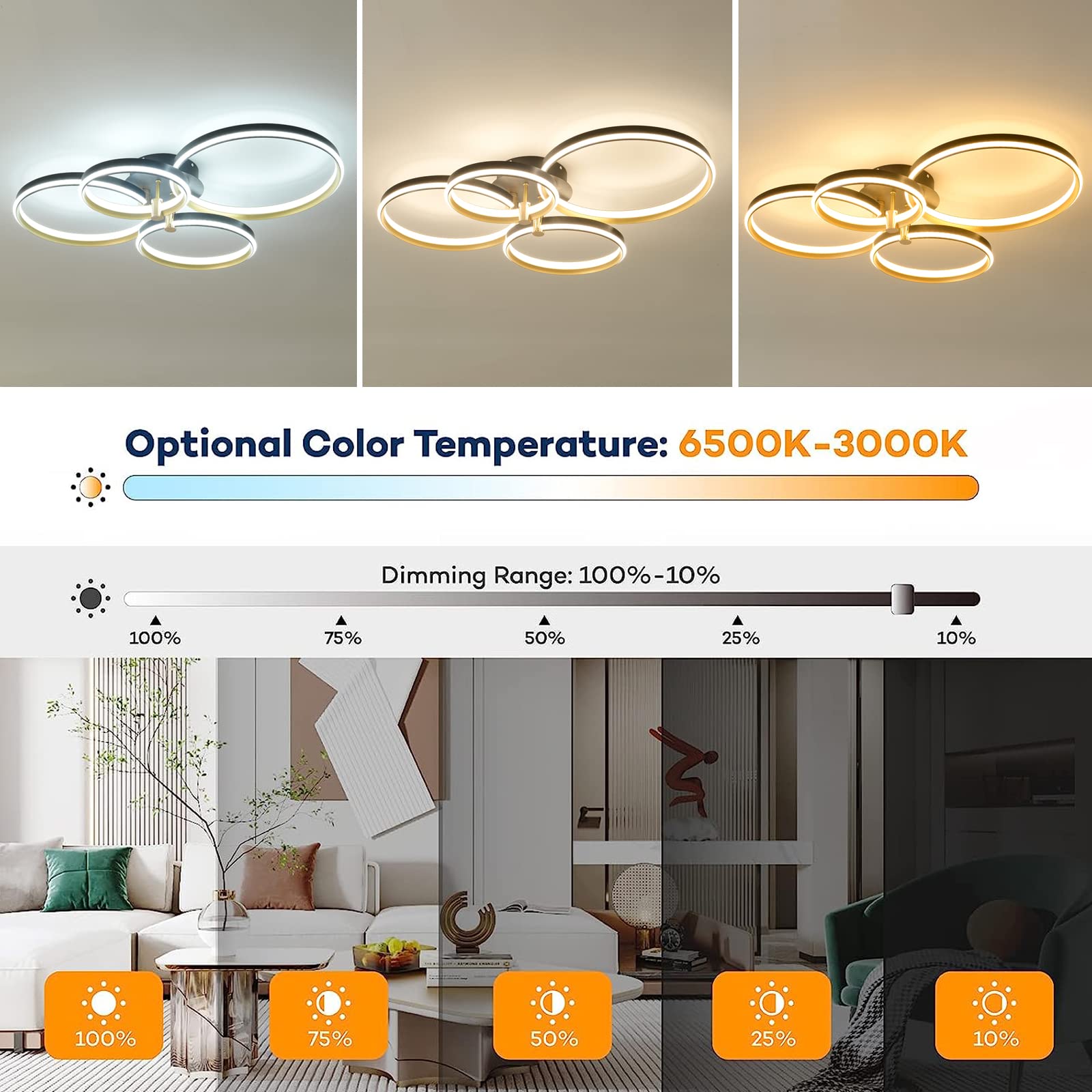 Ganeed Dimmable LED Ceiling Light Modern 4 Rings Ceiling Lamp with Remote Control,60W Gold Flush Mount Ceiling Lights for Living