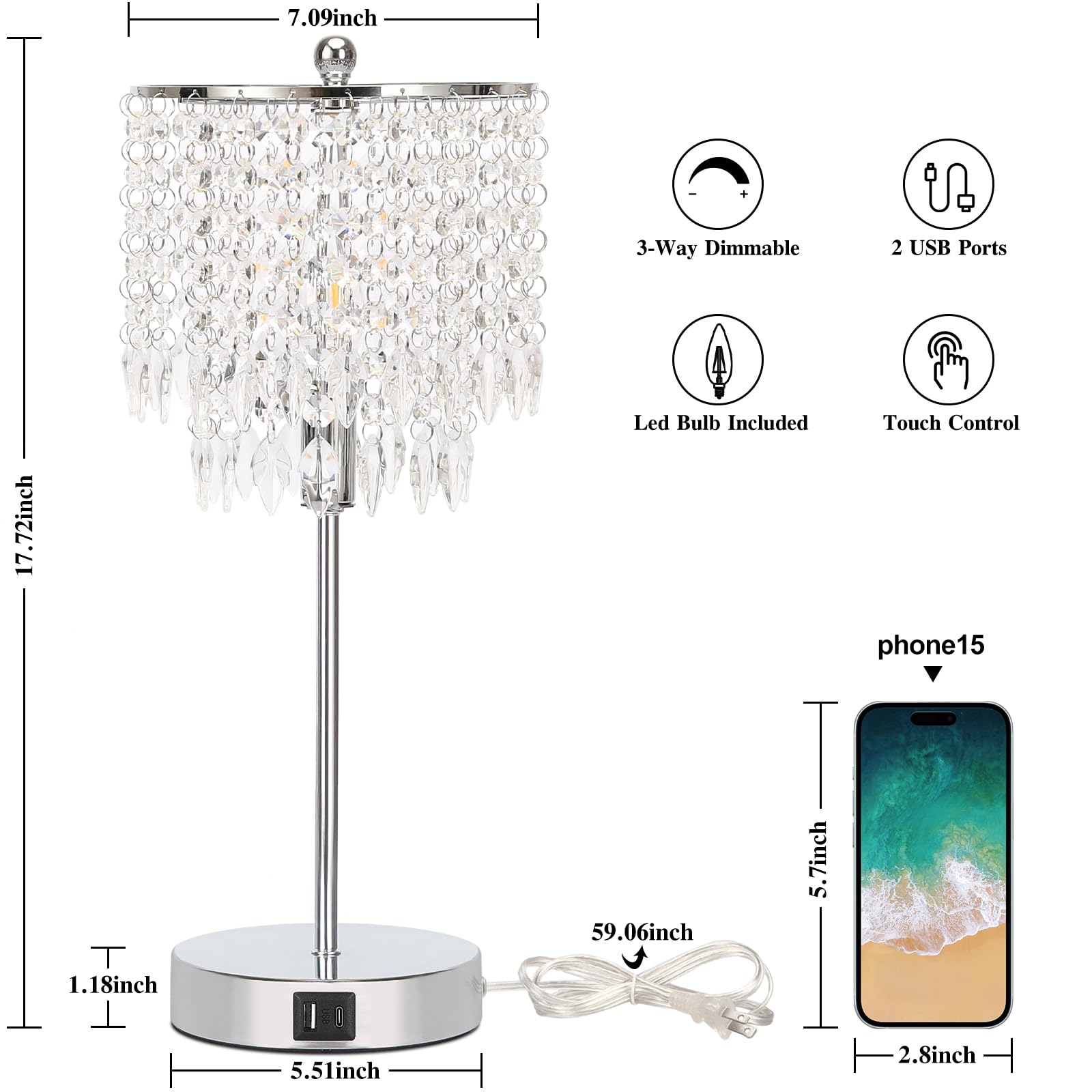 Boncoo Crystal Table Lamp Set of 2, Touch Control, USB Ports, Dimmable, Silver, Includes 4W LED Bulb, Elegant Nightstand Lighting