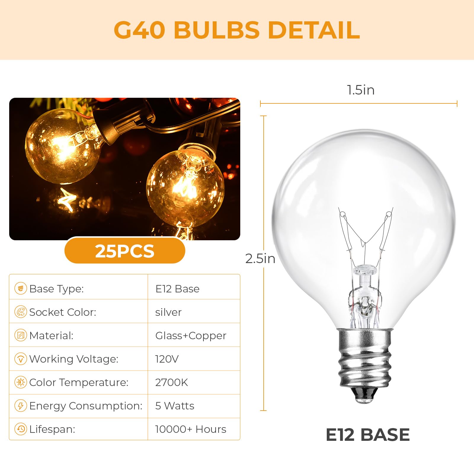 Huazhqing 25 Pack 120V 5W Incandescent G40 Replacement Bulbs For Indoor And Outdoor Patio Decor, Clear Globe Christimas Incandes