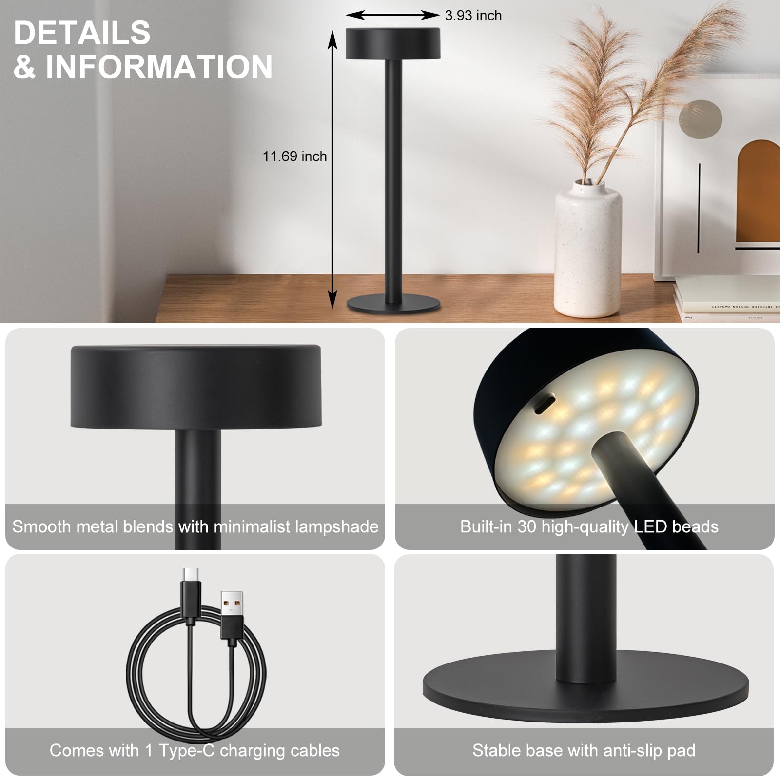 Briever Portable Cordless Table Lamp, Rechargeable Battery Operated Lamp With 3 Colors Stepless Dimming, Outdoor Led Desk Lamp F