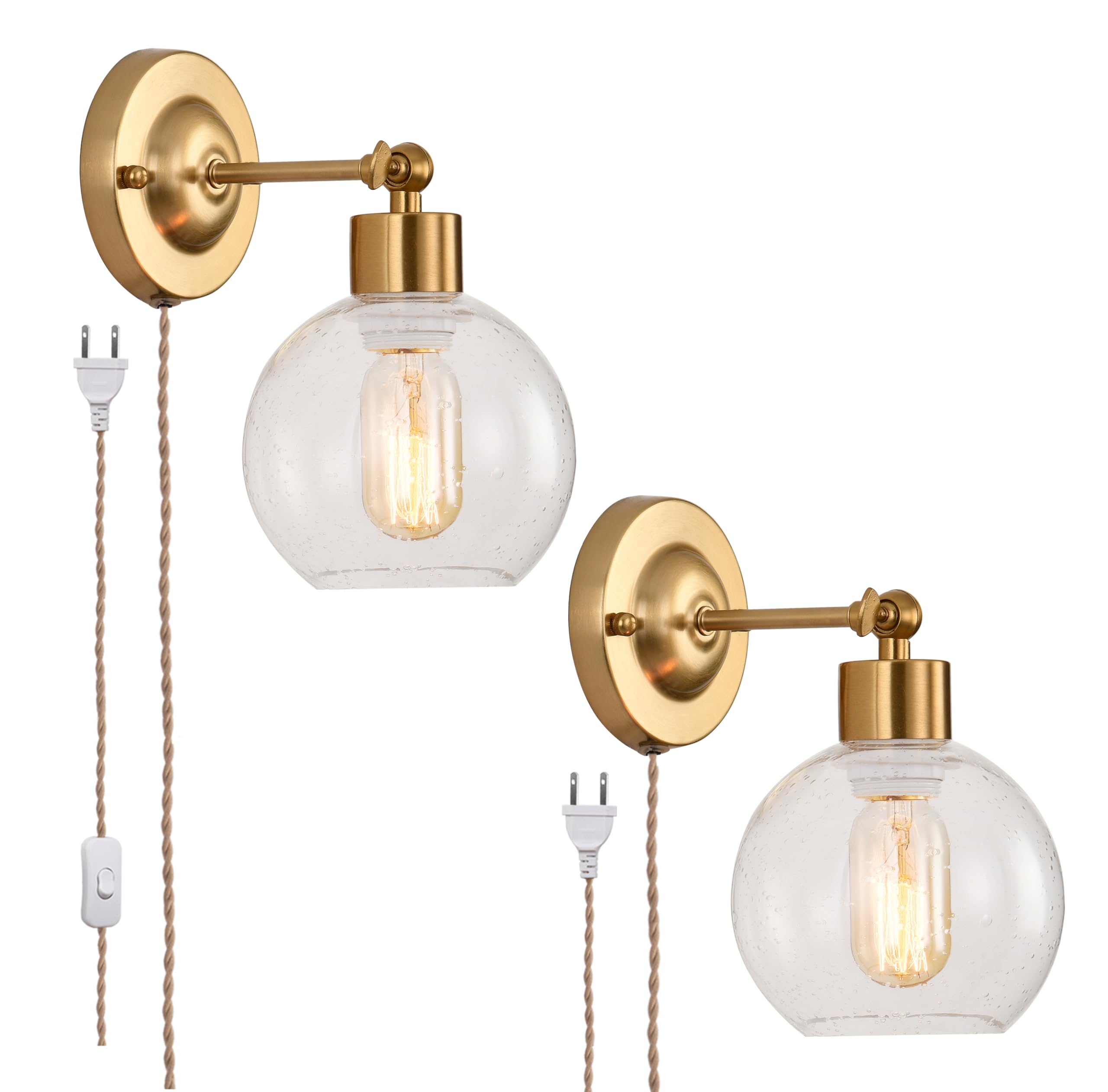 Modxian Glass Globe Plug in Wall Sconces Set of 2, Gold Vintage Glass Wall Lights Bedroom, E26 Wall Mounted Plug in Light, 180 A