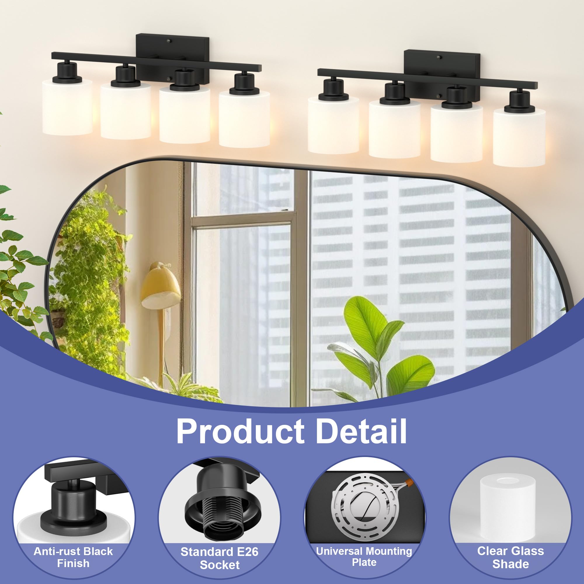 Dekang 4-Light Bathroom Vanity Light, Black Anti-Rust Sconces With Milky Glass Shades