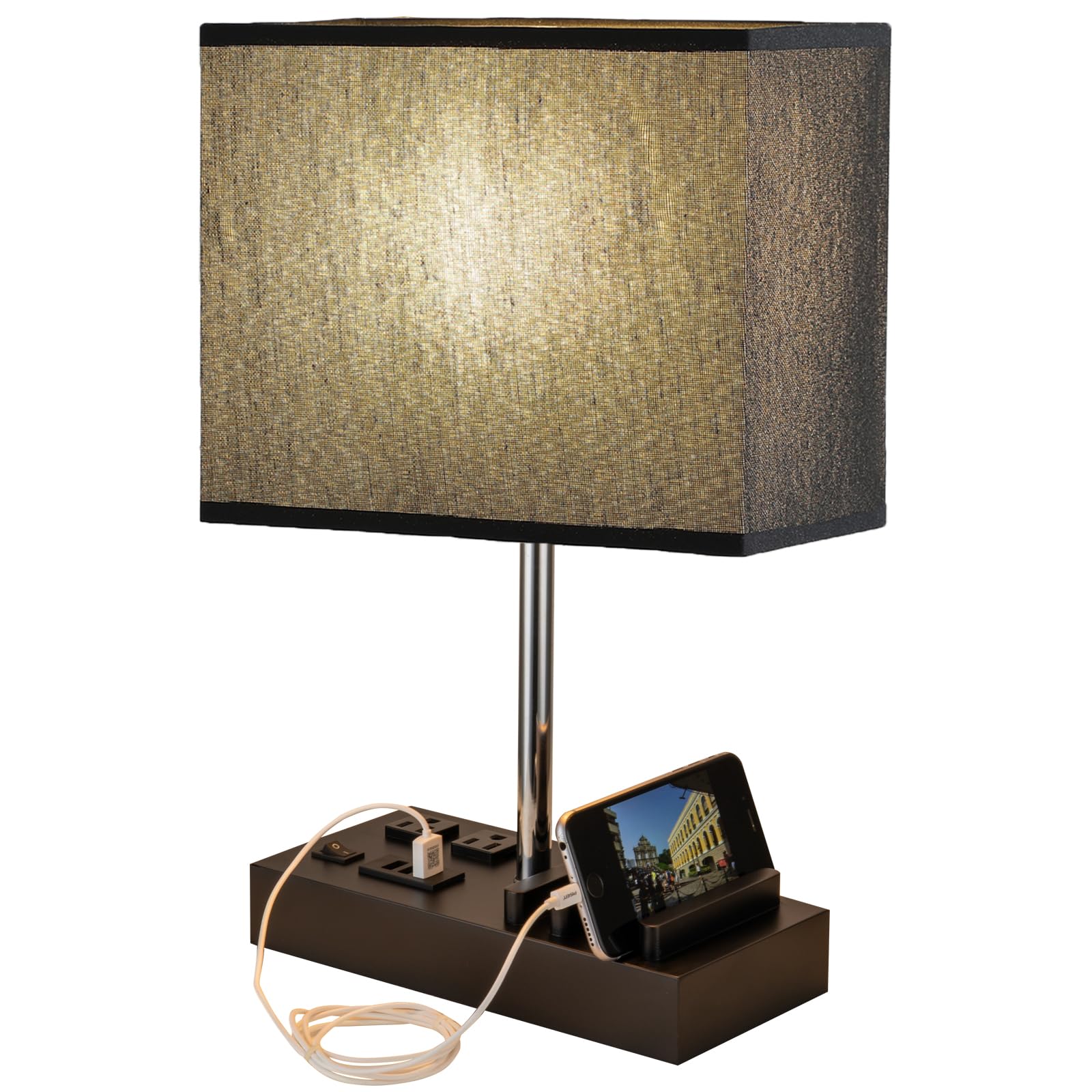 Briever Usb Table Lamp, Multi-Functional Bedside Desk Lamp With 2 Ac Outlets, 3 Usb Charging Ports And Wooden Phone Stand Organi