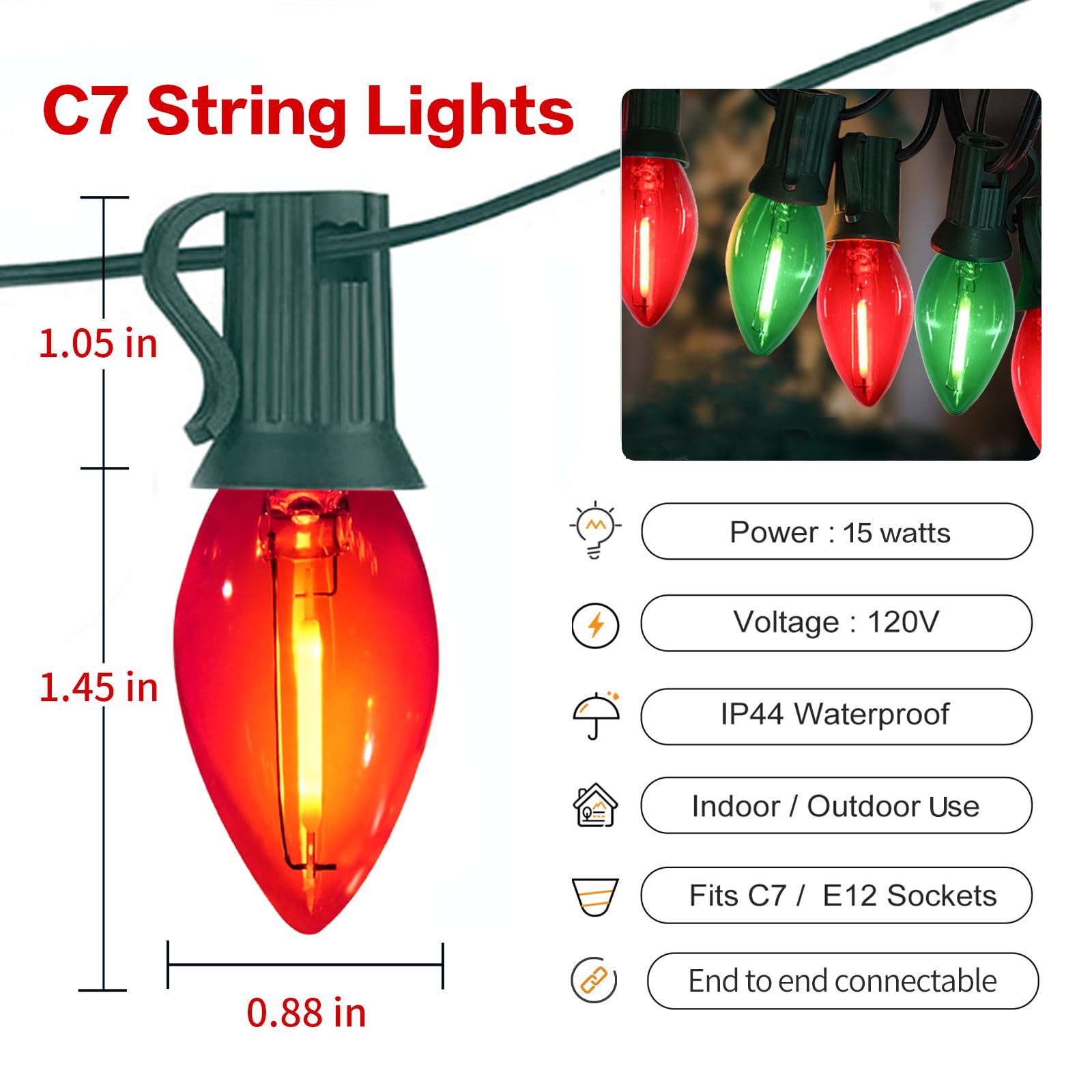 Chyparty 25Ft C7 Christmas Lights Outdoor  Red Green Classic 2-Color Led String Lights For Roof  Fence  Tree  Traditional Holiday Decor