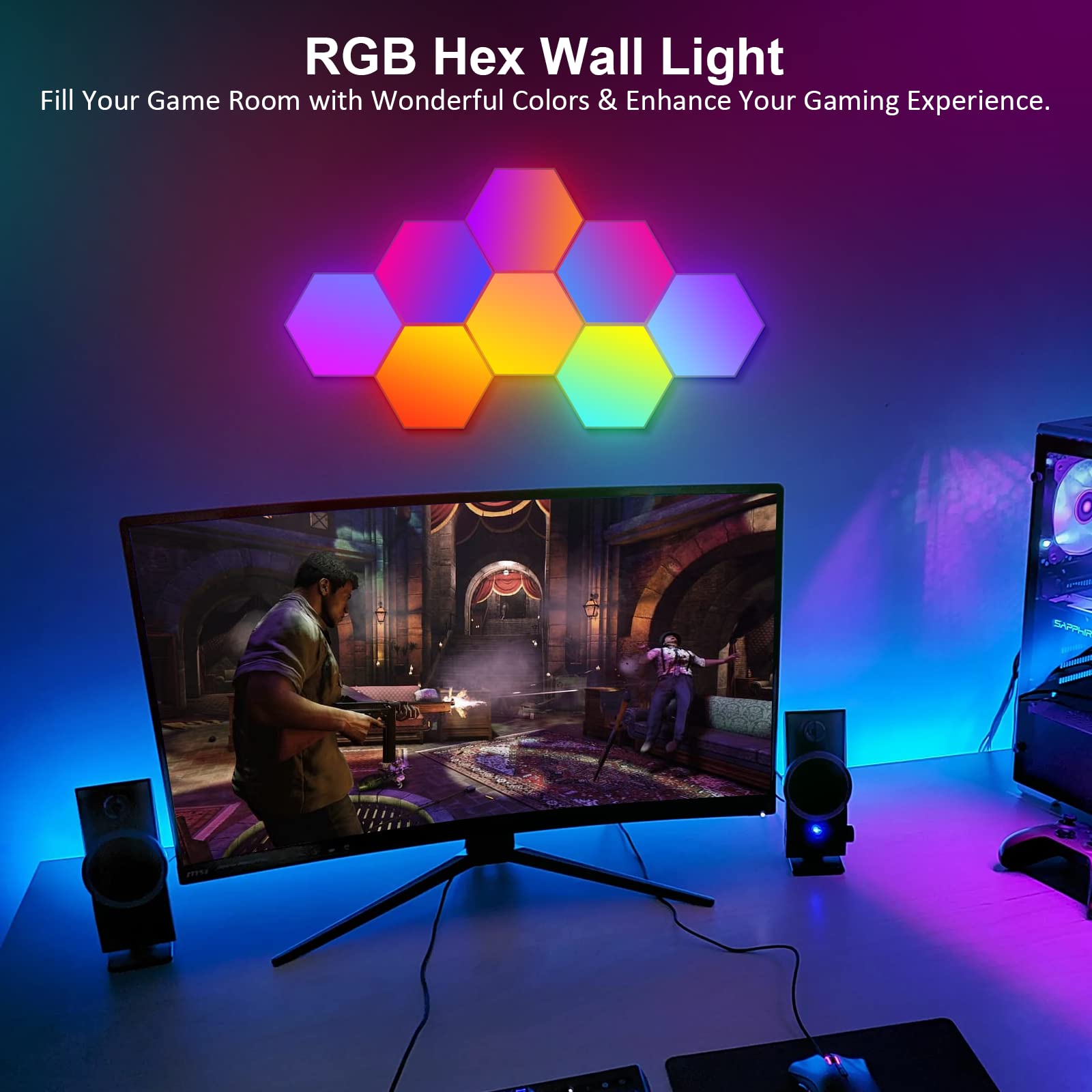 OJQ Hexagon Wall Light LED Panel - Smart RGB Modular Gaming Light, Music Sync, Multicolor, Honeycomb Shape