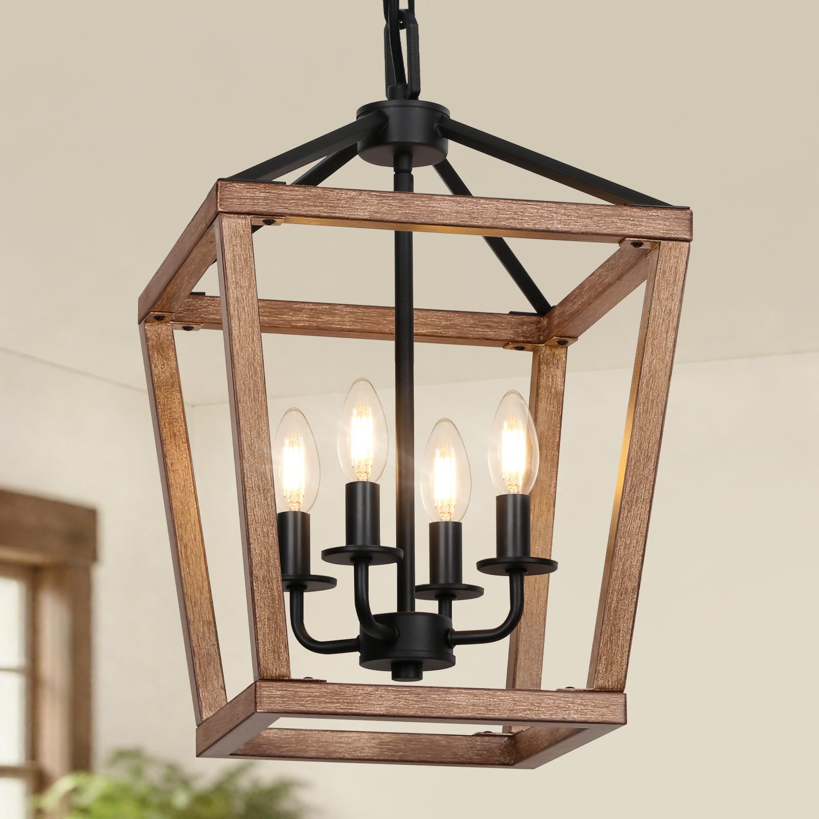 4 Light Farmhouse Chandelier  Lantern Ceiling Light Fixture with Brushed Rustic Wood Metal Cage and Adjustable Chain  E12 Base Geometric Hanging Lights for Dining Room Kitchen Island Entryway  Indoor