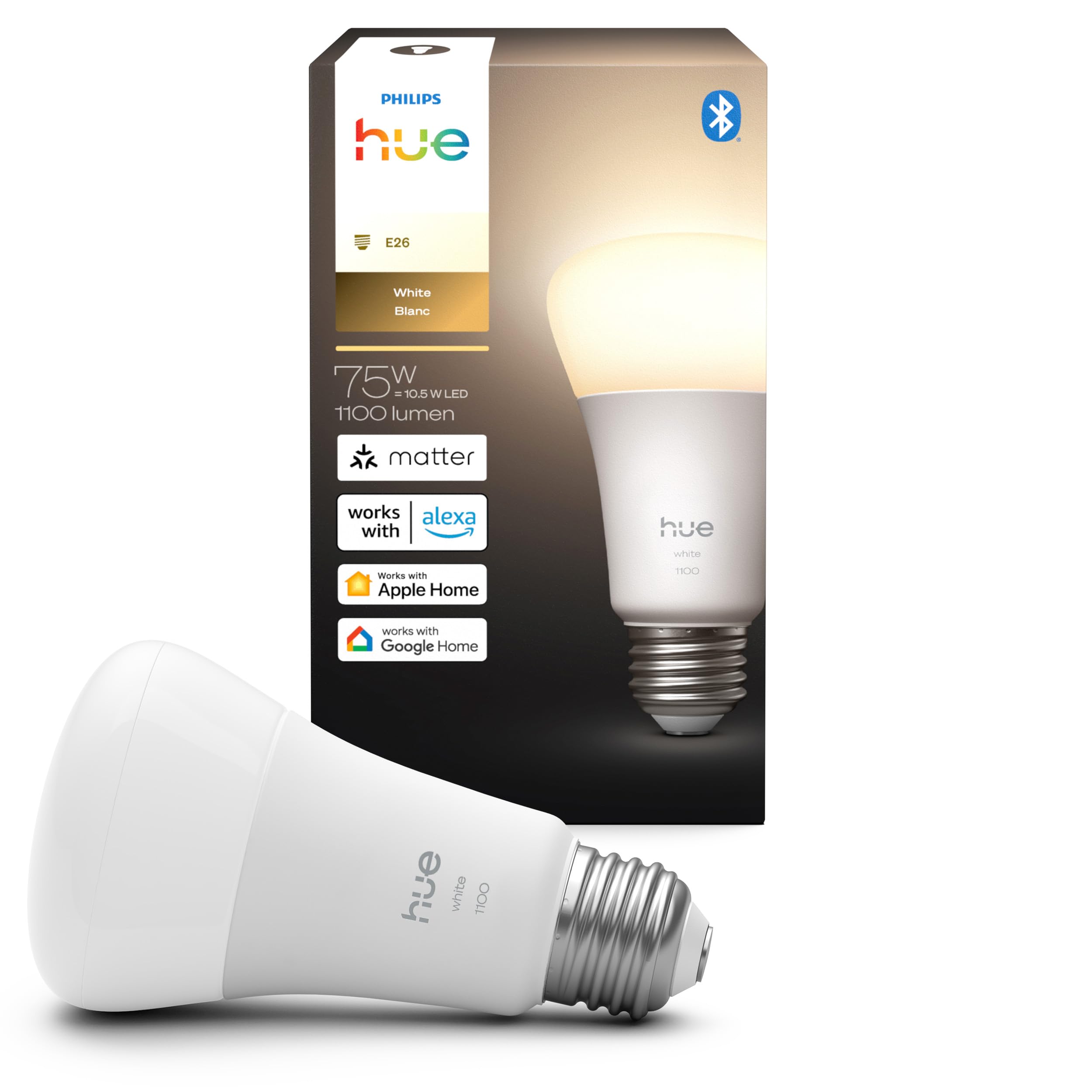 Philips Hue Smart LED A19 Bulb, 10.5W, 1100 Lumens, Dimmable, Warm White Light 2700K, E26 Base, 1 Pack
