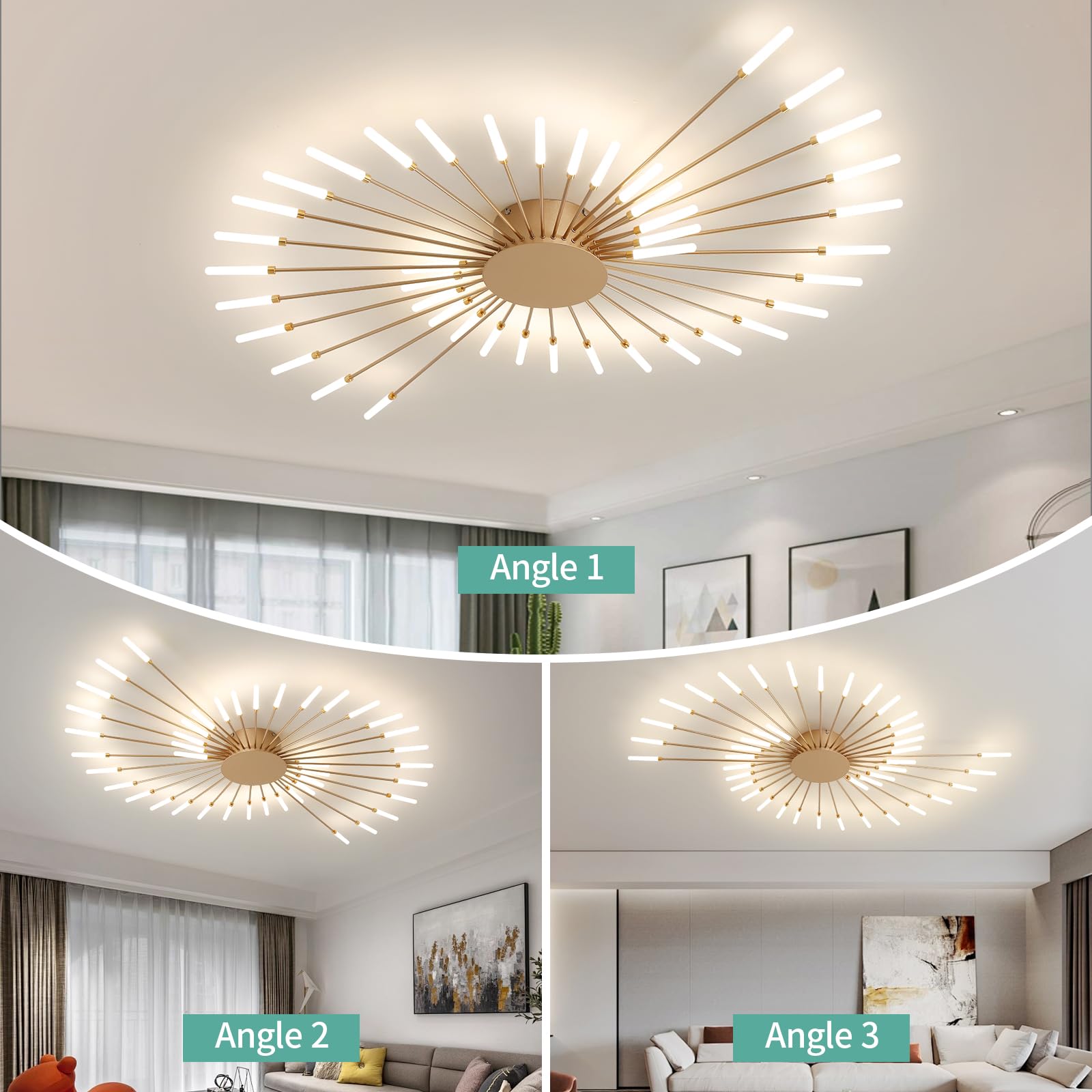 Ziidoo Modern Ceiling Light  42 Lights Metal Firework Designed Chic Led Lighting Fixture For Farmhouse Kitchen Dining Room Bedroom Hallway Living Room (Gold And Dark Gold)
