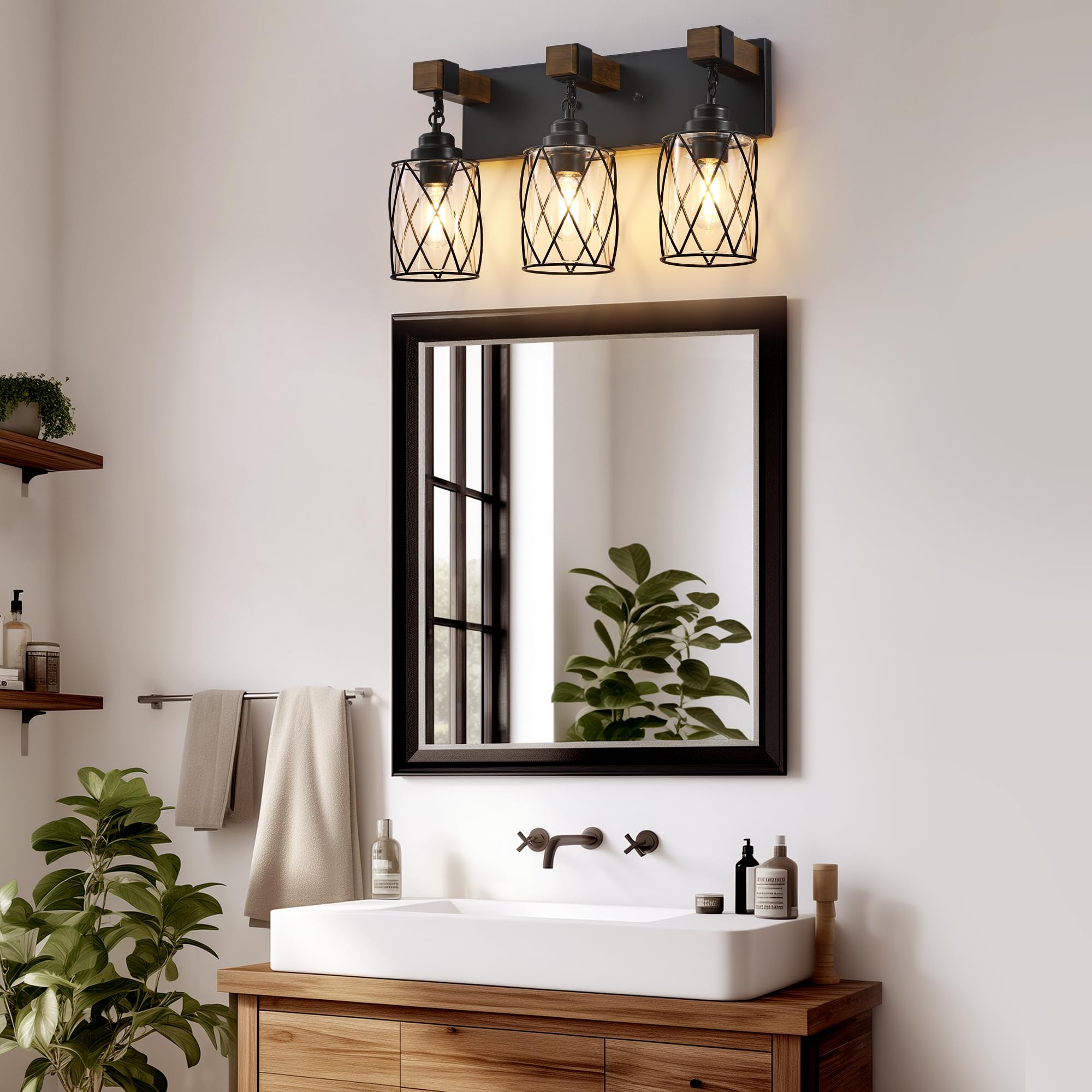CmnVmn Farmhouse 3-Light Bathroom Vanity Light, Black Wood & Glass Sconces, Model C5009