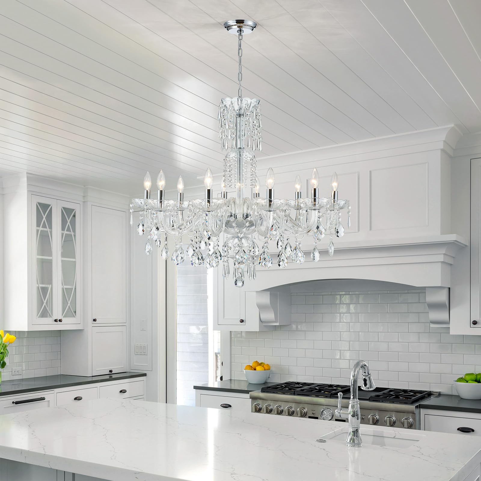 Wuzups 10-Light Crystal Candle Chandelier Pendant Ceiling Light Modern Lighting Fixture For Bedroom Hallway Bar Kitchen Bathroom  H 26.7 W 33.9  E12 Base  Chrome