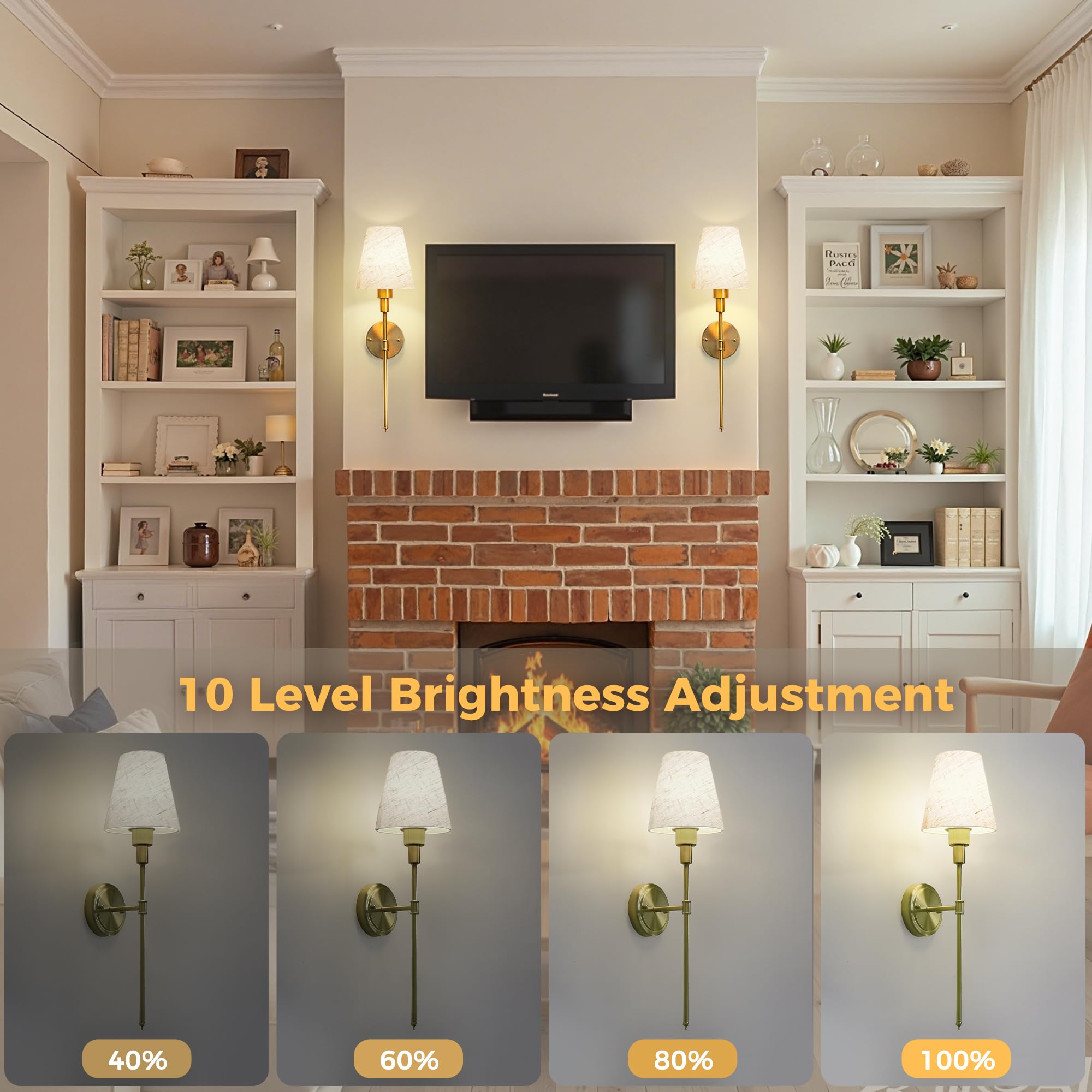 DORESshop Battery Operated Wall Sconce Set of 2, 24.6" Gold Fabric Linen Shade, Wireless Wall Light for Bedroom and Living Room