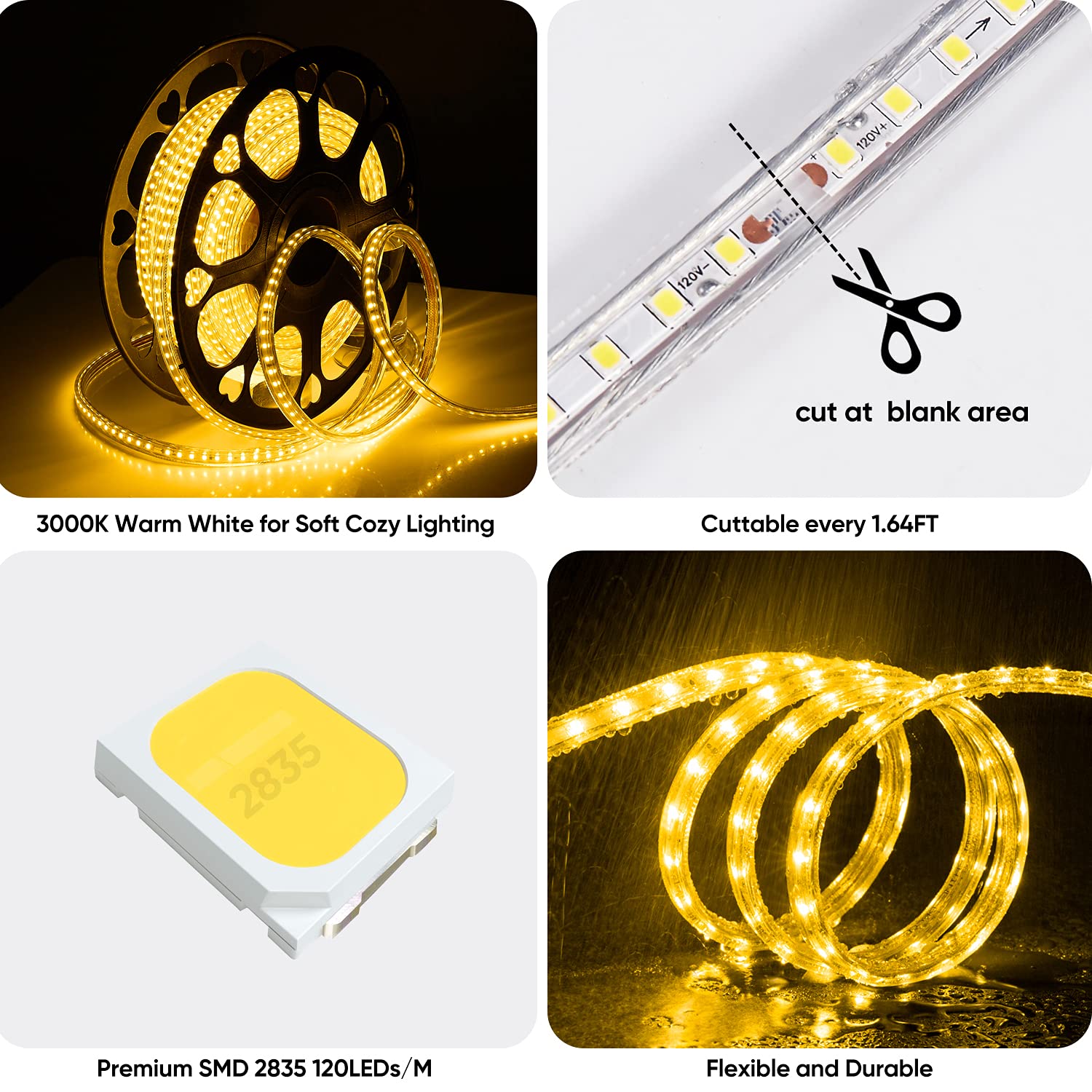 Shine Decor Led Strip Light 50Ft 120Vac, Super Bright 6337 Lumens Dimmable, Ip65 Waterproof For Outdoor Indoor, 3000K Warm White