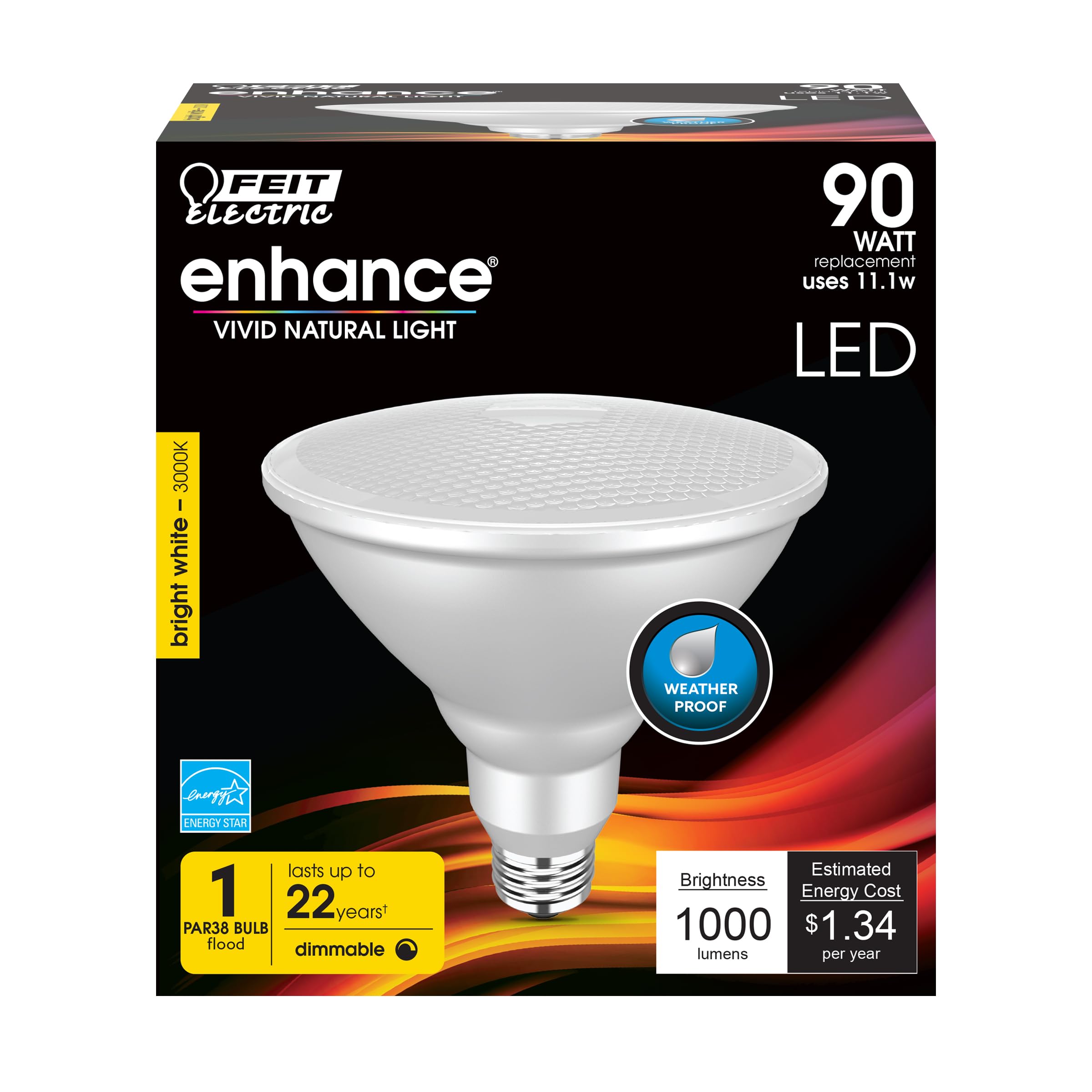 Feit Electric PAR38 LED Bulb, 90W Equivalent, Dimmable, 1000 Lumen, E26 Base, 3000k Bright White, 1 Pack, Model PAR