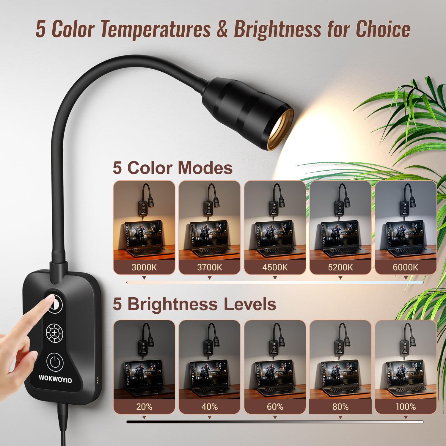 WOKWOYIO Wall Mounted Reading Light, USB Output, Dimmable, 2 Pack, Black, Flexible Gooseneck, for Bedroom Reading