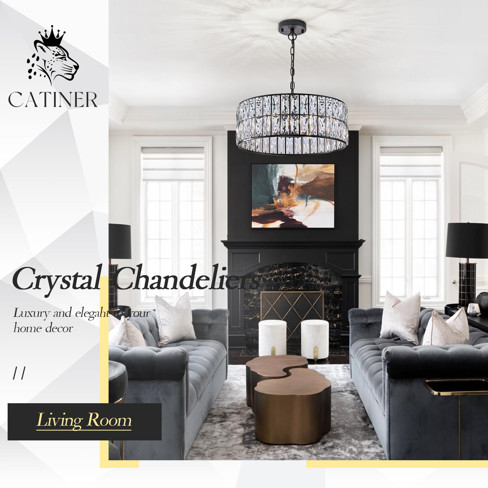 CATINER Black Crystal Chandelier - 6-Lights Pendant Light, 18" Drum Semi Flush Mount for Dining Room, Living Room, Kitchen
