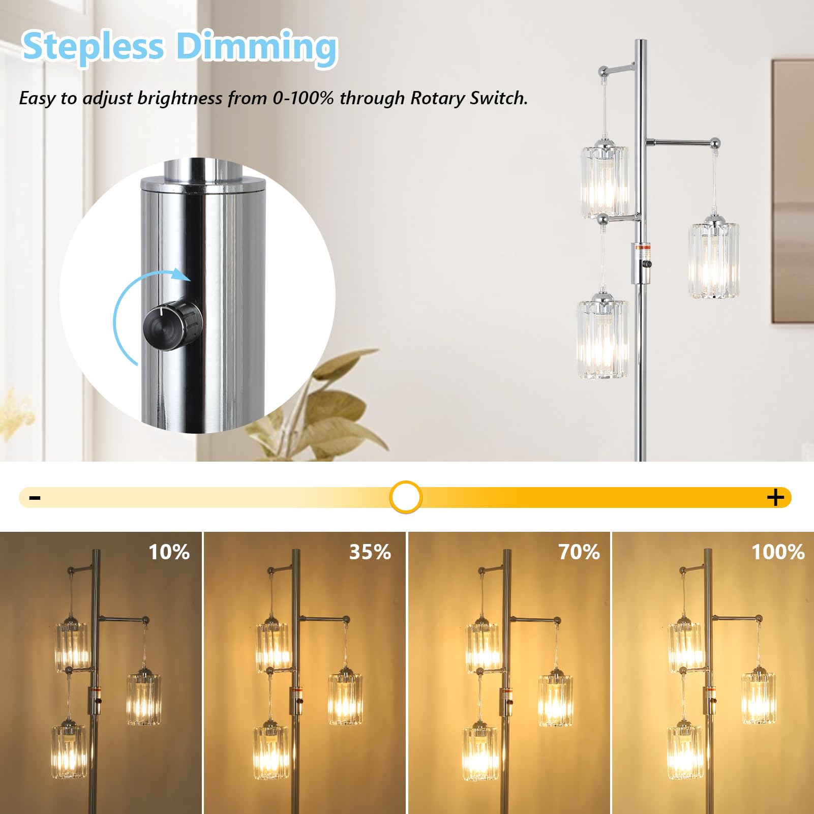 Stepeak Modern Crystal Floor Lamp, 65" Tall Dimmable Silver Tree Lamp with Dimmer Switch, Ideal for Living Room and Bedroom Reading