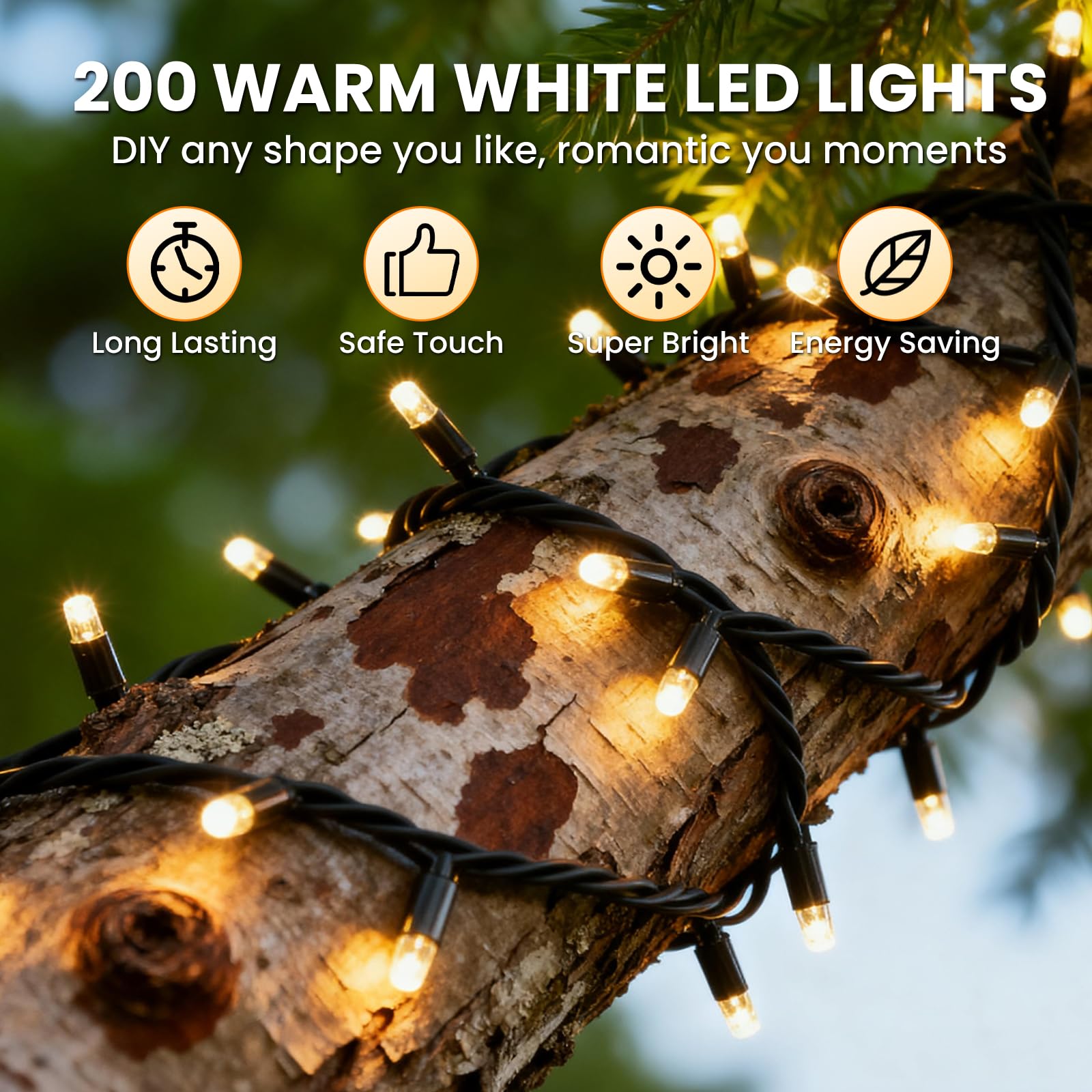 JTSIOV Christmas Tree Lights, 200 LED, 65FT, Warm White, Waterproof, 8 Modes, Indoor/Outdoor, Model SDD-001