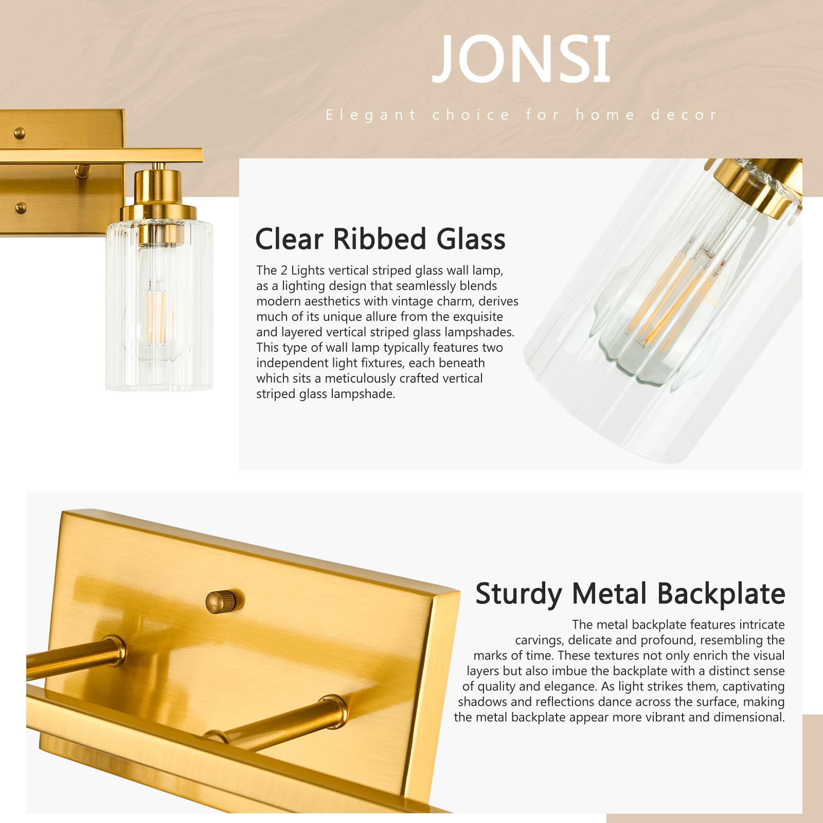 Jonsi Gold Bathroom Light Fixtures, 2 Light Brushed Gold Bathroom Vanity Lights With Fluted Glass Shade, Modern Gold Bathroom Lights Over Mirror, Vanity Lighting Fixtures, X003W-2Agb