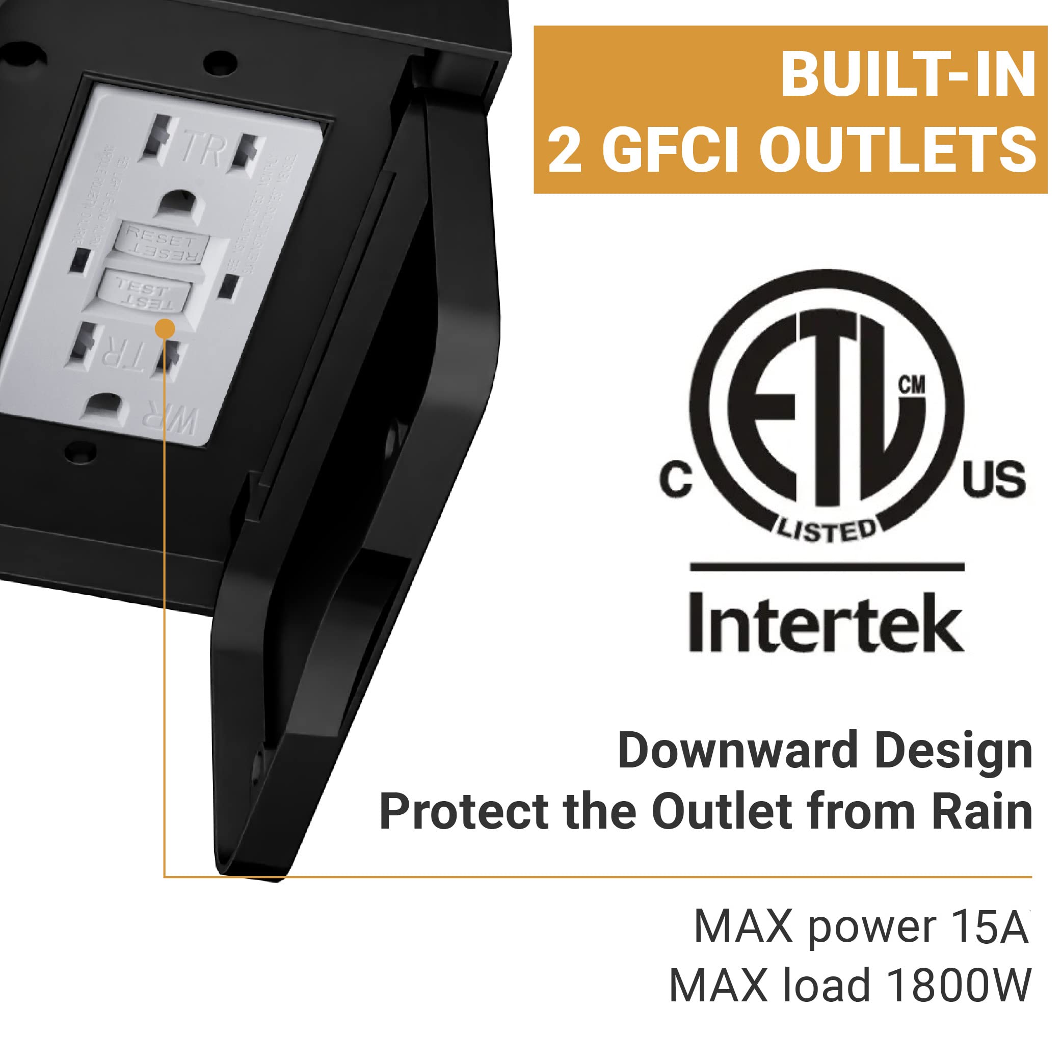 VIOAOEAFA Outdoor Porch Light with GFCI Outlet, Dusk to Dawn Motion Sensor, Aluminum, Black, 1 Pack, Model D2206-B03