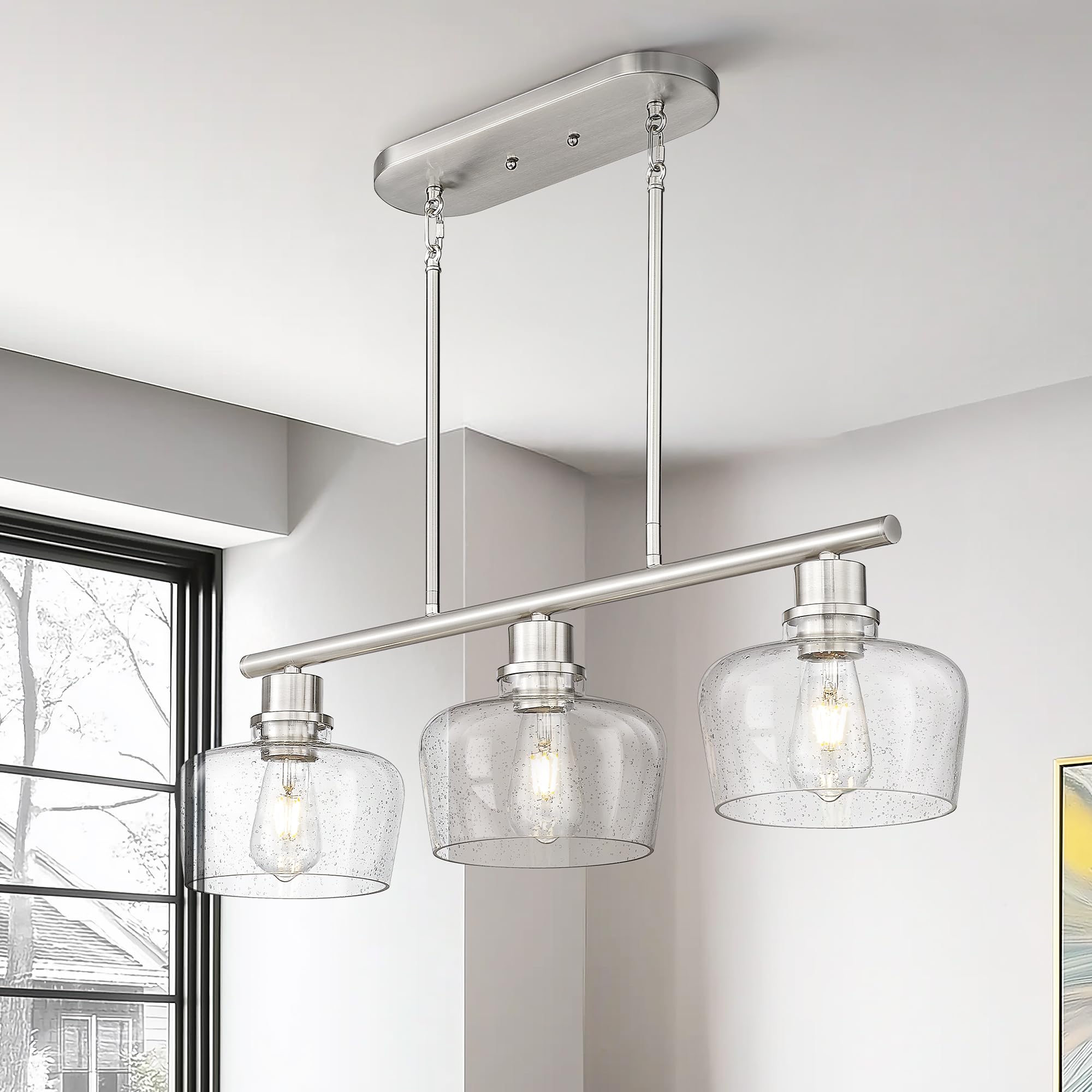 Emak 32 Inch Dining Room Light Fixtures Over Table, Brushed Nickel Kitchen Island Lighting With Seeded Glass Shade, 3-Light Line